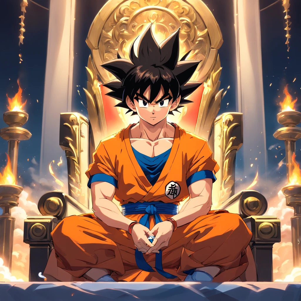 Goku usando um terno social preto, sitting on a royal throne with a cigarette in his hand, serious look, expression serious, incredible details, nuvens amarelas ao fundo