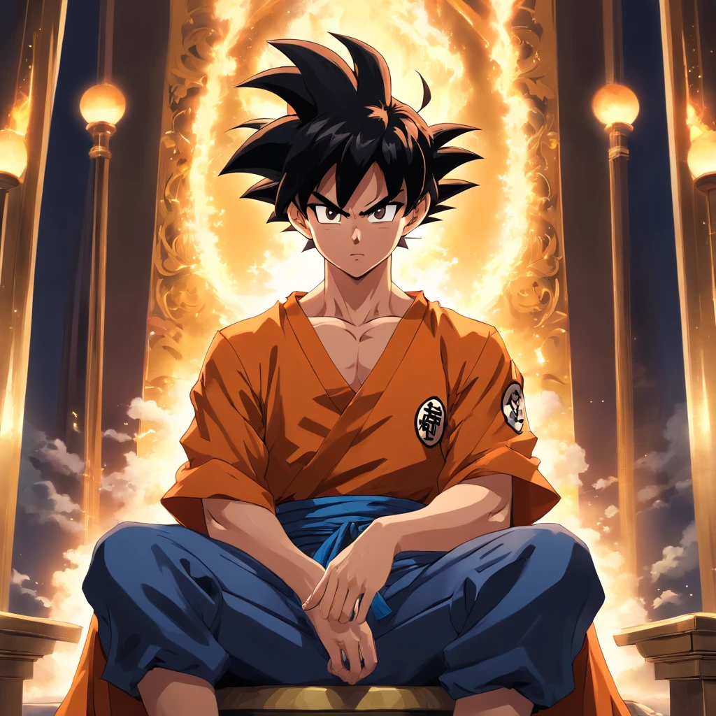 Goku usando um terno social preto, sitting on a royal throne with a cigarette in his hand, serious look, expression serious, incredible details, nuvens amarelas ao fundo