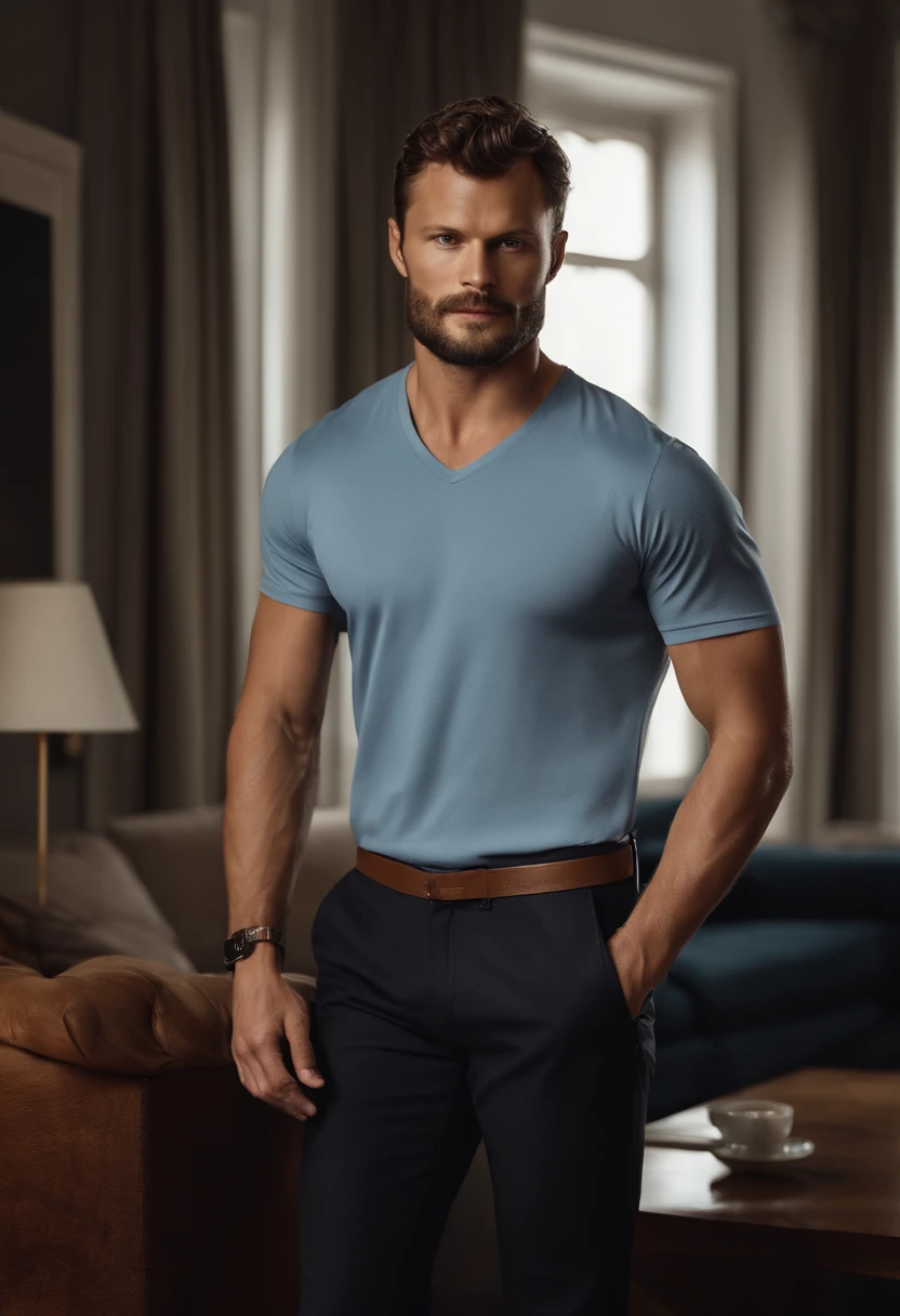 (Muscular man in stylish clothes), ), (avec une longue barbe pleine,) (yeux bleus) (portrait) Attractive and serious appearance, Dark brown hair, Elegant and elegant, et t-shirt fort, Man resembling actor Jamie Dornan, (Realistic and high-quality image), in the background Scandinavian apartment with designer furniture and blue wall color in the background, ((the best quality, 8k, шедевр).