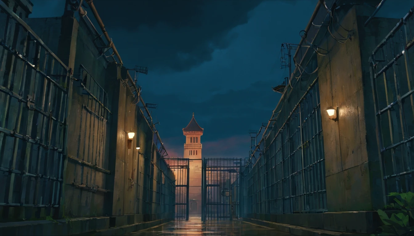 Cinematic scenery of a huge high-security prison, looming in the distance with towering concrete walls and barbed wire fences. The scene is set during a stormy night, with dark clouds and lightning flashes overhead, creating a sense of danger and tension. The prison is heavily guarded, with floodlights illuminating the surroundings and surveillance cameras scanning the area. The atmosphere is gritty and ominous, evoking a feeling of confinement and isolation. The style is inspired by dark and gritty films like "The Shawshank Redemption" and "Escape from Alcatraz." The details are intricate, with a focus on the architectural design of the prison, the gloomy lighting, and the contrasting textures of the surrounding environment. The shot is cinematic, utilizing various angles and perspectives to capture the scale and imposing nature of the prison. The image is high-definition, with rich colors and fine details, enhancing the realism and intensity of the scene. This cinematic scenery of a high-security prison is trending in the realm of visual storytelling and film aesthetics.