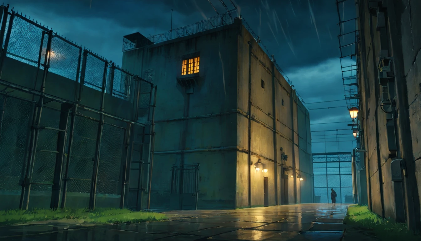 Cinematic scenery of a huge high-security prison, looming in the distance with towering concrete walls and barbed wire fences. The scene is set during a stormy night, with dark clouds and lightning flashes overhead, creating a sense of danger and tension. The prison is heavily guarded, with floodlights illuminating the surroundings and surveillance cameras scanning the area. The atmosphere is gritty and ominous, evoking a feeling of confinement and isolation. The style is inspired by dark and gritty films like "The Shawshank Redemption" and "Escape from Alcatraz." The details are intricate, with a focus on the architectural design of the prison, the gloomy lighting, and the contrasting textures of the surrounding environment. The shot is cinematic, utilizing various angles and perspectives to capture the scale and imposing nature of the prison. The image is high-definition, with rich colors and fine details, enhancing the realism and intensity of the scene. This cinematic scenery of a high-security prison is trending in the realm of visual storytelling and film aesthetics.