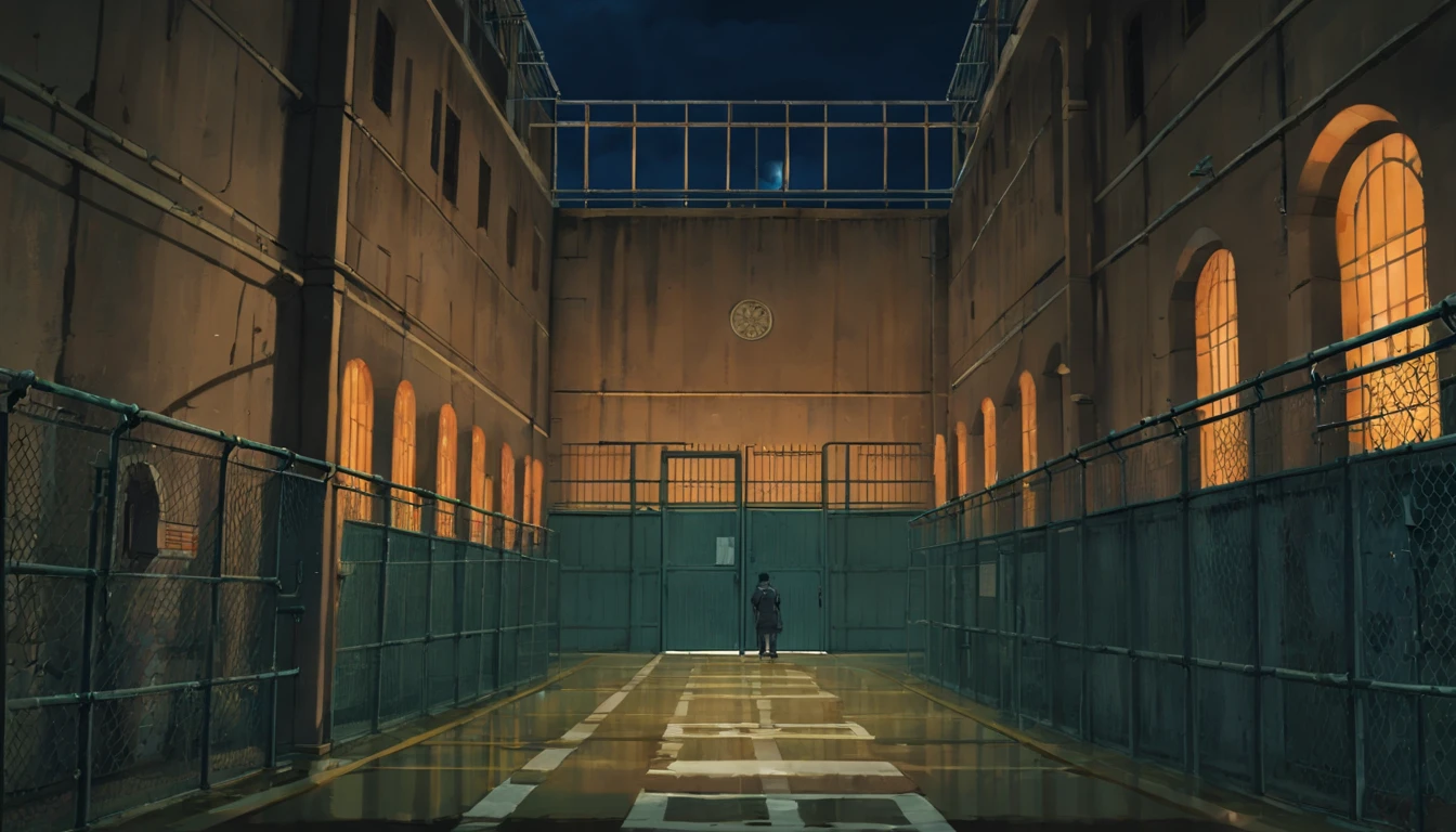 Cinematic scenery of a huge high-security prison, looming in the distance with towering concrete walls and barbed wire fences. The scene is set during a stormy night, with dark clouds and lightning flashes overhead, creating a sense of danger and tension. The prison is heavily guarded, with floodlights illuminating the surroundings and surveillance cameras scanning the area. The atmosphere is gritty and ominous, evoking a feeling of confinement and isolation. The style is inspired by dark and gritty films like "The Shawshank Redemption" and "Escape from Alcatraz." The details are intricate, with a focus on the architectural design of the prison, the gloomy lighting, and the contrasting textures of the surrounding environment. The shot is cinematic, utilizing various angles and perspectives to capture the scale and imposing nature of the prison. The image is high-definition, with rich colors and fine details, enhancing the realism and intensity of the scene. This cinematic scenery of a high-security prison is trending in the realm of visual storytelling and film aesthetics.