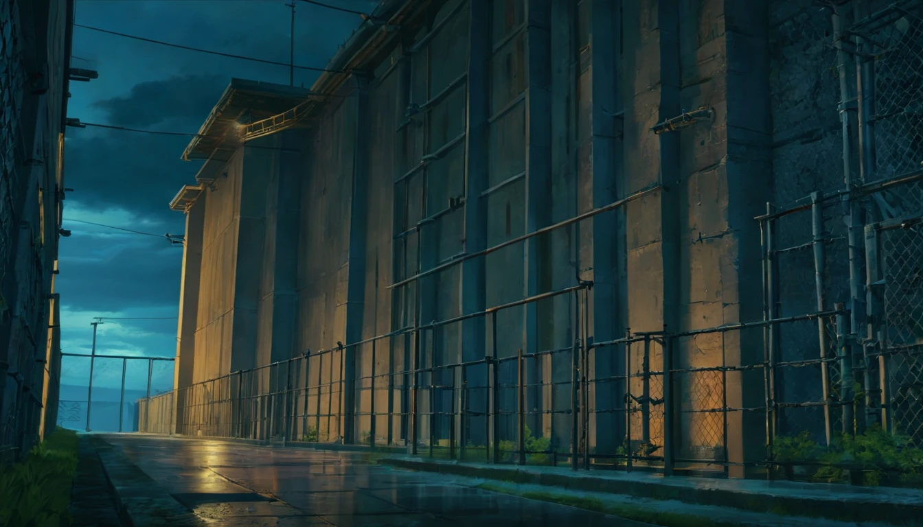 Cinematic scenery of a huge high-security prison, looming in the distance with towering concrete walls and barbed wire fences. The scene is set during a stormy night, with dark clouds and lightning flashes overhead, creating a sense of danger and tension. The prison is heavily guarded, with floodlights illuminating the surroundings and surveillance cameras scanning the area. The atmosphere is gritty and ominous, evoking a feeling of confinement and isolation. The style is inspired by dark and gritty films like "The Shawshank Redemption" and "Escape from Alcatraz." The details are intricate, with a focus on the architectural design of the prison, the gloomy lighting, and the contrasting textures of the surrounding environment. The shot is cinematic, utilizing various angles and perspectives to capture the scale and imposing nature of the prison. The image is high-definition, with rich colors and fine details, enhancing the realism and intensity of the scene. This cinematic scenery of a high-security prison is trending in the realm of visual storytelling and film aesthetics.