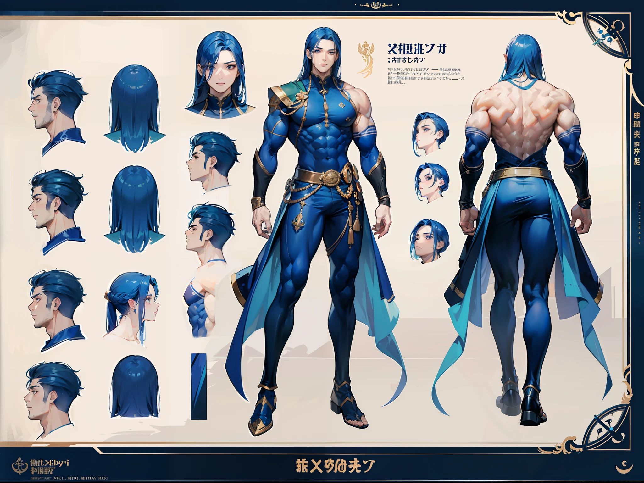 ((Masterpiece, Highest quality)), Detailed face, character design sheet, full bodyesbian, Full of details, frontal body view, back body view, Highly detailed, Depth, Many parts, Muscle boy with long blue hair,handsome man, muscle body, navy, commander, man tall