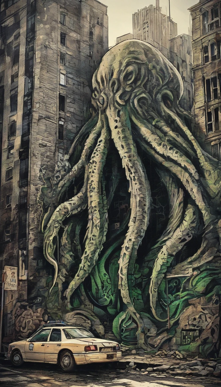 ((best quality)), ((masterpiece)), ((inked)), ((Photorrealistic)), ((Cthulhu)) majestic intricately detailed soft oil painting, close up shot, (giant imposing evil cthulhu monster:1.2), Giant Cthulhu, smooth translucent skin, subsurface scattering, detailed pale eggshell sickly wet skin, tentacle fingers, ripped embroidered soiled robes of office, terrible, in a vast dark destroyed big city street, ruined buildings, monsters everywhere, rubble, wrecks, post apocalyptic, destroyed cars, regal, hideous, (backlit:1.3), highres, depth of field, (deep shadows:1.2), high detail, sharp focus, smooth, roughness, real life, backlit, photorealism, photography, cinematic Film still from the void|alien|the sinking city