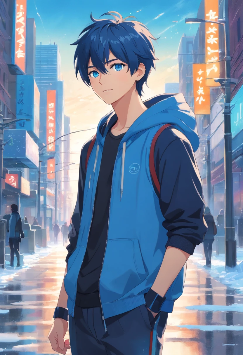 Portrait of 19 year old American male, short messy blue hair, men's sleeveless hooded sweatshirt, black sweatpants, blue eyes, elegant and intricate details, standing, full body, city of Toronto, snowing, sunny blue sky, smiling , slim, professional lighting, ((masterpiece: 1.4, best quality)), ((masterpiece, best quality)), (photorealistic: 1.4),