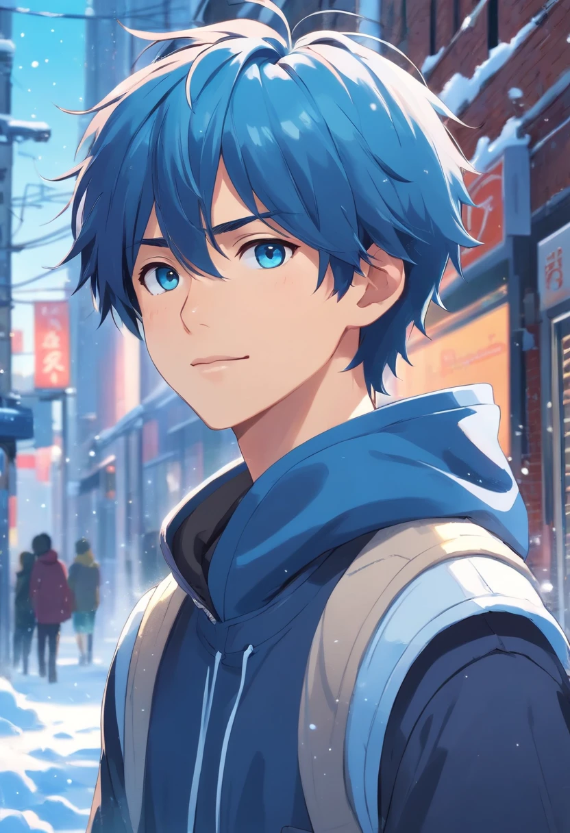 Portrait of 19 year old American male, short messy blue hair, men's sleeveless hooded sweatshirt, black sweatpants, blue eyes, elegant and intricate details, standing, full body, city of Toronto, snowing, sunny blue sky, smiling , slim, professional lighting, ((masterpiece: 1.4, best quality)), ((masterpiece, best quality)), (photorealistic: 1.4),
