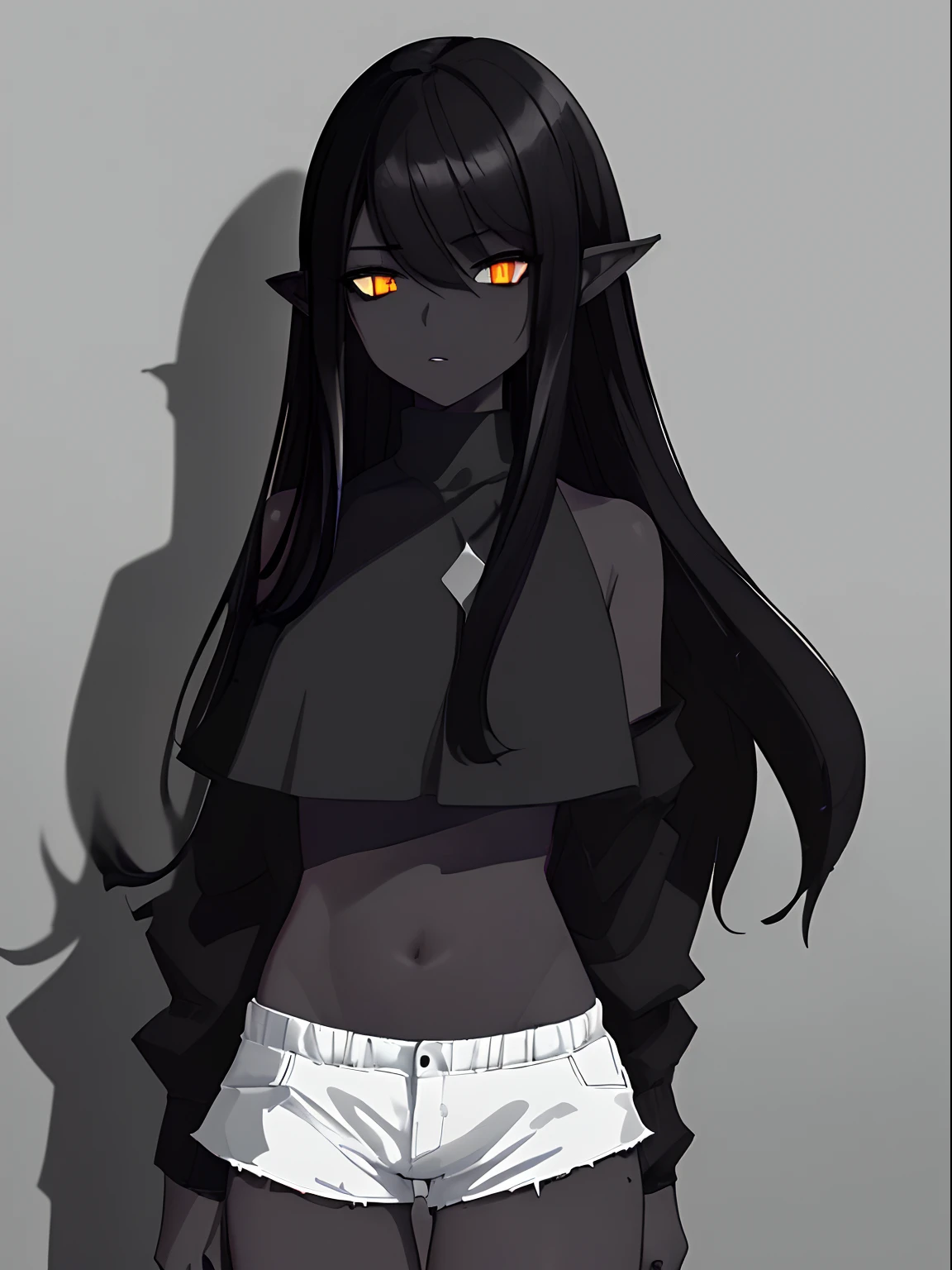 (Masterpiece, Best quality, ultra high resolution),1girl,black hair,pointy ears, shadow skin, dark skin, black skin, white crop top, white shorts,((gray and black theme)),night