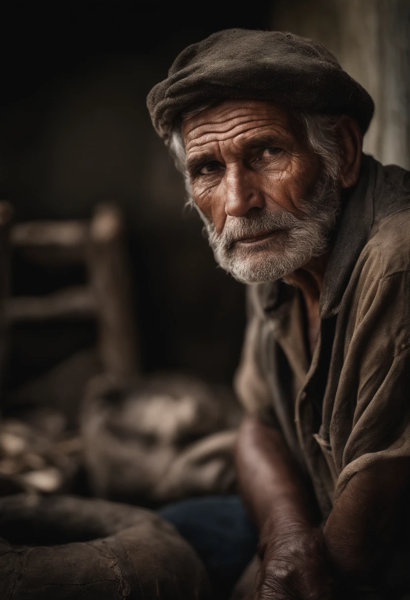 foto de retrato de glamour (de cima:0.5) of a poor old worker in rags with overwhelming fatigue and old wrinkles with rough skin pores, fotorrealista, Cores Moody, tema escuro, altamente detalhado, skin pores, Poros, manchas na pele, rough skin, ray tracing, Subsurface scattering, cabelos brancos, foco facial, foco nítido, Olhos detalhados, com profunda tristeza
