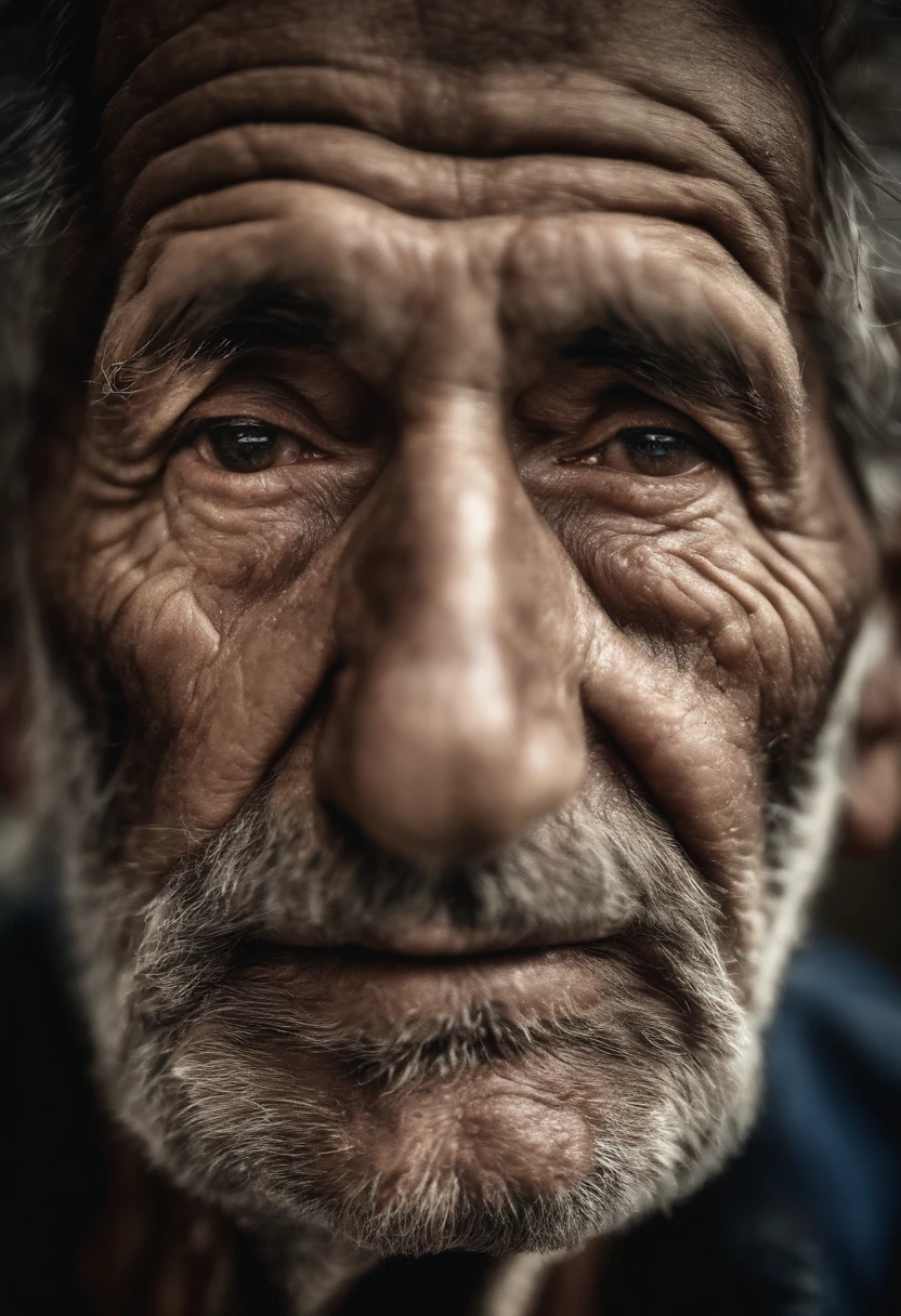 foto de retrato de glamour (de cima:0.5) of a poor old worker in rags with overwhelming fatigue and old wrinkles with rough skin pores, fotorrealista, Cores Moody, tema escuro, altamente detalhado, skin pores, Poros, manchas na pele, rough skin, ray tracing, Subsurface scattering, cabelos brancos, foco facial, foco nítido, Olhos detalhados, com profunda tristeza