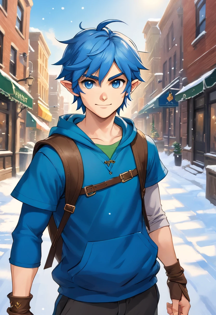 Portrait of 19 year old American male, short messy blue hair, men's sleeveless hooded sweatshirt, black sweatpants, blue eyes, elegant and intricate details, standing, full body, city of Toronto, snowing, sunny blue sky, smiling , slim, professional lighting, ((masterpiece: 1.4, best quality)), ((masterpiece, best quality)), (photorealistic: 1.4),