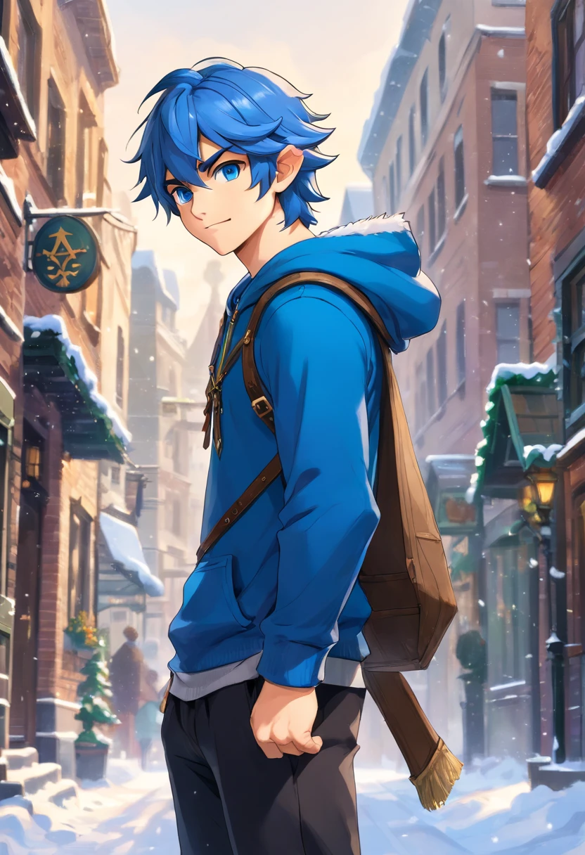 Portrait of 19 year old American male, short messy blue hair, men's sleeveless hooded sweatshirt, black sweatpants, blue eyes, elegant and intricate details, standing, full body, city of Toronto, snowing, sunny blue sky, smiling , slim, professional lighting, ((masterpiece: 1.4, best quality)), ((masterpiece, best quality)), (photorealistic: 1.4),