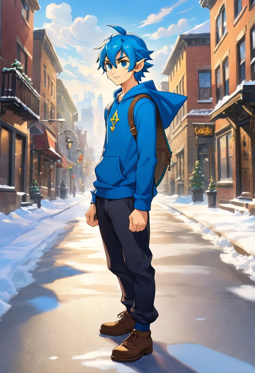 Portrait of 19 year old American male, short messy blue hair, men's sleeveless hooded sweatshirt, black sweatpants, blue eyes, elegant and intricate details, standing, full body, city of Toronto, snowing, sunny blue sky, smiling , slim, professional lighting, ((masterpiece: 1.4, best quality)), ((masterpiece, best quality)), (photorealistic: 1.4),