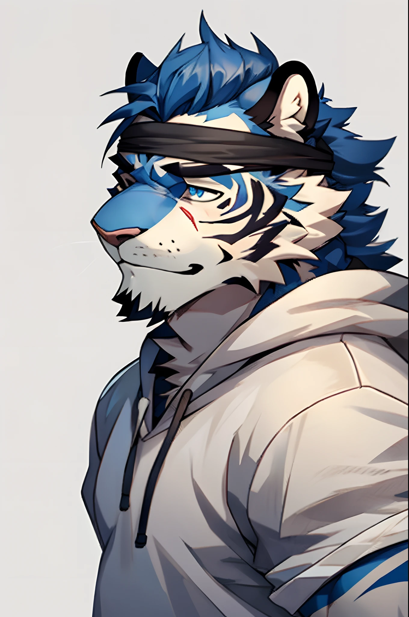 ((Masterpiece, Best quality)) Blue-skinned tiger, with hair tied back, medium-thick eyebrows furrowed with a slight cut on one of them, eyes blindfolded with a white bandage and slight scars on his skin, with a calm expression, gray shirt and white sweatshirt
