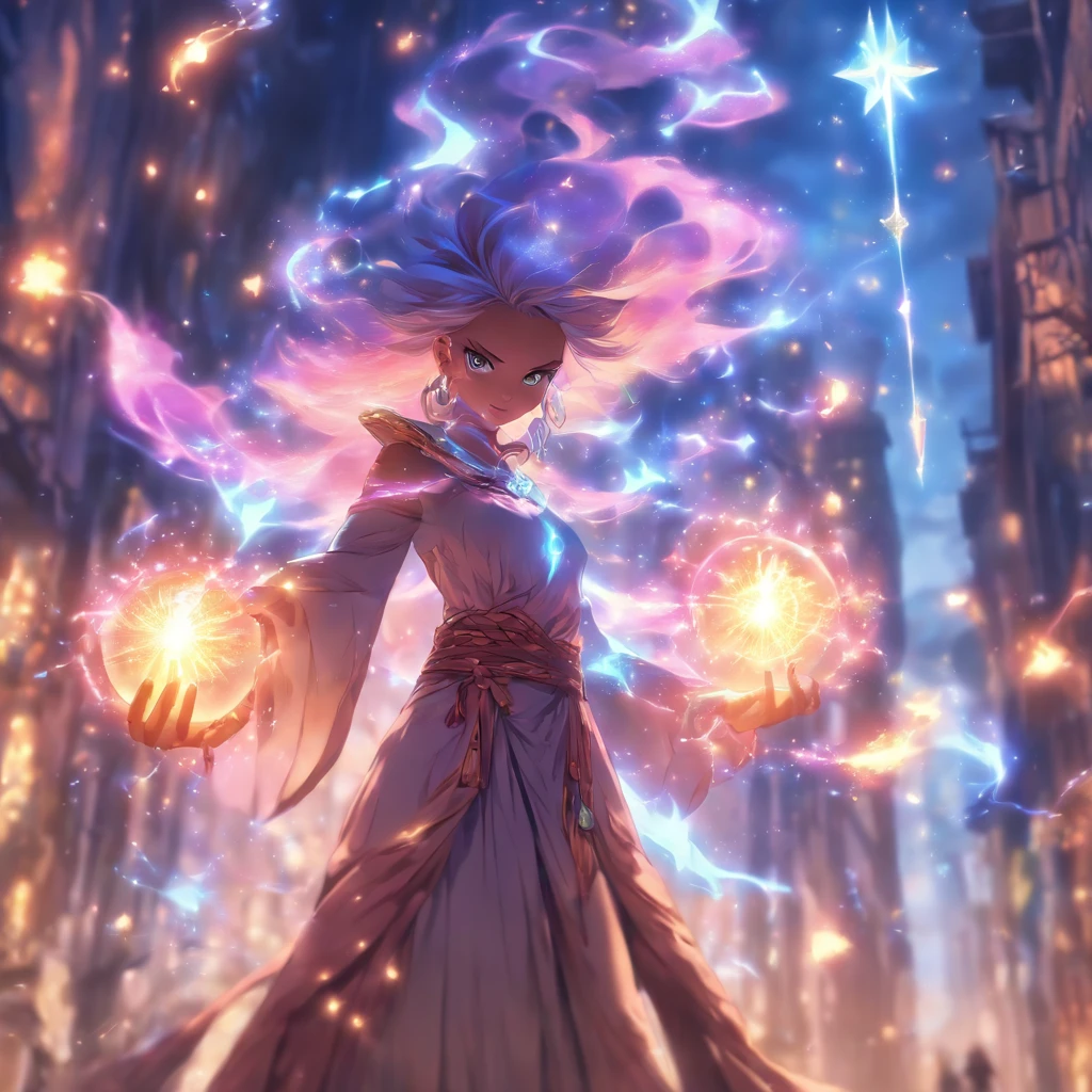 (fantasy,urban fantasy,heroine,witch),dramatic heroines,girl with magical powers,(best quality,4k,8k,highres,masterpiece:1.2),extremely detailed eyes and face,flowing dress,golden hour,cityscape,spellbinding atmosphere,vibrant colors,bokeh,street lights,distant skyscrapers,magic aura,candle-lit alleyways,mysterious fog,enchanted symbols,crystal ball,revealing hidden truths,protective amulets,glimmering spellbook,casting powerful spells,commanding elements,fire and lightning,conquering darkness,standing tall amidst chaos,confident posture,sorceress's staff,glowing runes,arcane glyphs,manifesting supernatural forces,mystical energy,sparkling sparks,mesmerizing incantations,magic-infused sky,explosive bursts of light and power,unleashing mystical creatures,defending the realm,unexpected allies,epic battles,conquering evil,fierce determination,inspiring hope,mesmerizing artistry