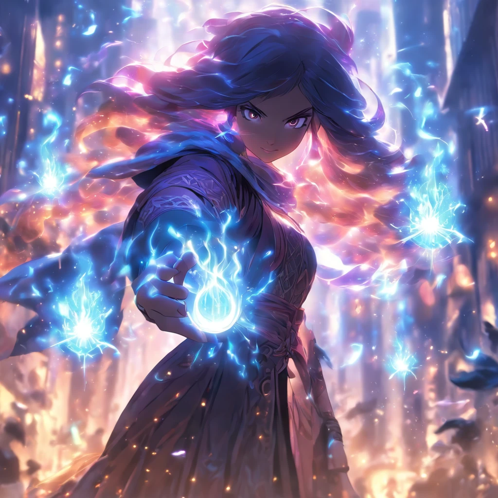 (fantasy,urban fantasy,heroine,witch),dramatic heroines,girl with magical powers,(best quality,4k,8k,highres,masterpiece:1.2),extremely detailed eyes and face,flowing dress,golden hour,cityscape,spellbinding atmosphere,vibrant colors,bokeh,street lights,distant skyscrapers,magic aura,candle-lit alleyways,mysterious fog,enchanted symbols,crystal ball,revealing hidden truths,protective amulets,glimmering spellbook,casting powerful spells,commanding elements,fire and lightning,conquering darkness,standing tall amidst chaos,confident posture,sorceress's staff,glowing runes,arcane glyphs,manifesting supernatural forces,mystical energy,sparkling sparks,mesmerizing incantations,magic-infused sky,explosive bursts of light and power,unleashing mystical creatures,defending the realm,unexpected allies,epic battles,conquering evil,fierce determination,inspiring hope,mesmerizing artistry