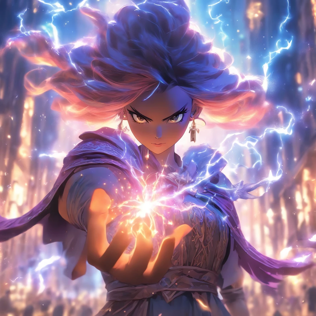 (fantasy,urban fantasy,heroine,witch),dramatic heroines,girl with magical powers,(best quality,4k,8k,highres,masterpiece:1.2),extremely detailed eyes and face,flowing dress,golden hour,cityscape,spellbinding atmosphere,vibrant colors,bokeh,street lights,distant skyscrapers,magic aura,candle-lit alleyways,mysterious fog,enchanted symbols,crystal ball,revealing hidden truths,protective amulets,glimmering spellbook,casting powerful spells,commanding elements,fire and lightning,conquering darkness,standing tall amidst chaos,confident posture,sorceress's staff,glowing runes,arcane glyphs,manifesting supernatural forces,mystical energy,sparkling sparks,mesmerizing incantations,magic-infused sky,explosive bursts of light and power,unleashing mystical creatures,defending the realm,unexpected allies,epic battles,conquering evil,fierce determination,inspiring hope,mesmerizing artistry