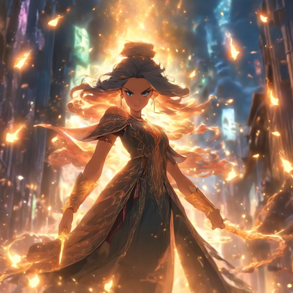 (fantasy,urban fantasy,heroine,witch),dramatic heroines,girl with magical powers,(best quality,4k,8k,highres,masterpiece:1.2),extremely detailed eyes and face,flowing dress,golden hour,cityscape,spellbinding atmosphere,vibrant colors,bokeh,street lights,distant skyscrapers,magic aura,candle-lit alleyways,mysterious fog,enchanted symbols,crystal ball,revealing hidden truths,protective amulets,glimmering spellbook,casting powerful spells,commanding elements,fire and lightning,conquering darkness,standing tall amidst chaos,confident posture,sorceress's staff,glowing runes,arcane glyphs,manifesting supernatural forces,mystical energy,sparkling sparks,mesmerizing incantations,magic-infused sky,explosive bursts of light and power,unleashing mystical creatures,defending the realm,unexpected allies,epic battles,conquering evil,fierce determination,inspiring hope,mesmerizing artistry