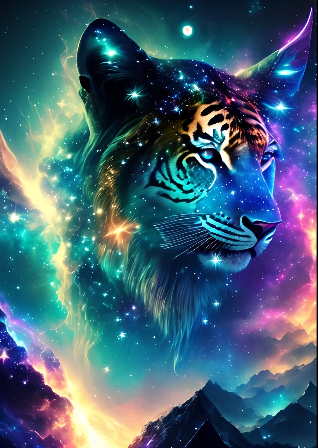 dreamlikeart, galaxy, outer space, nebula, star, [cyberpunked] Liger from the stars.. (star:1.5),