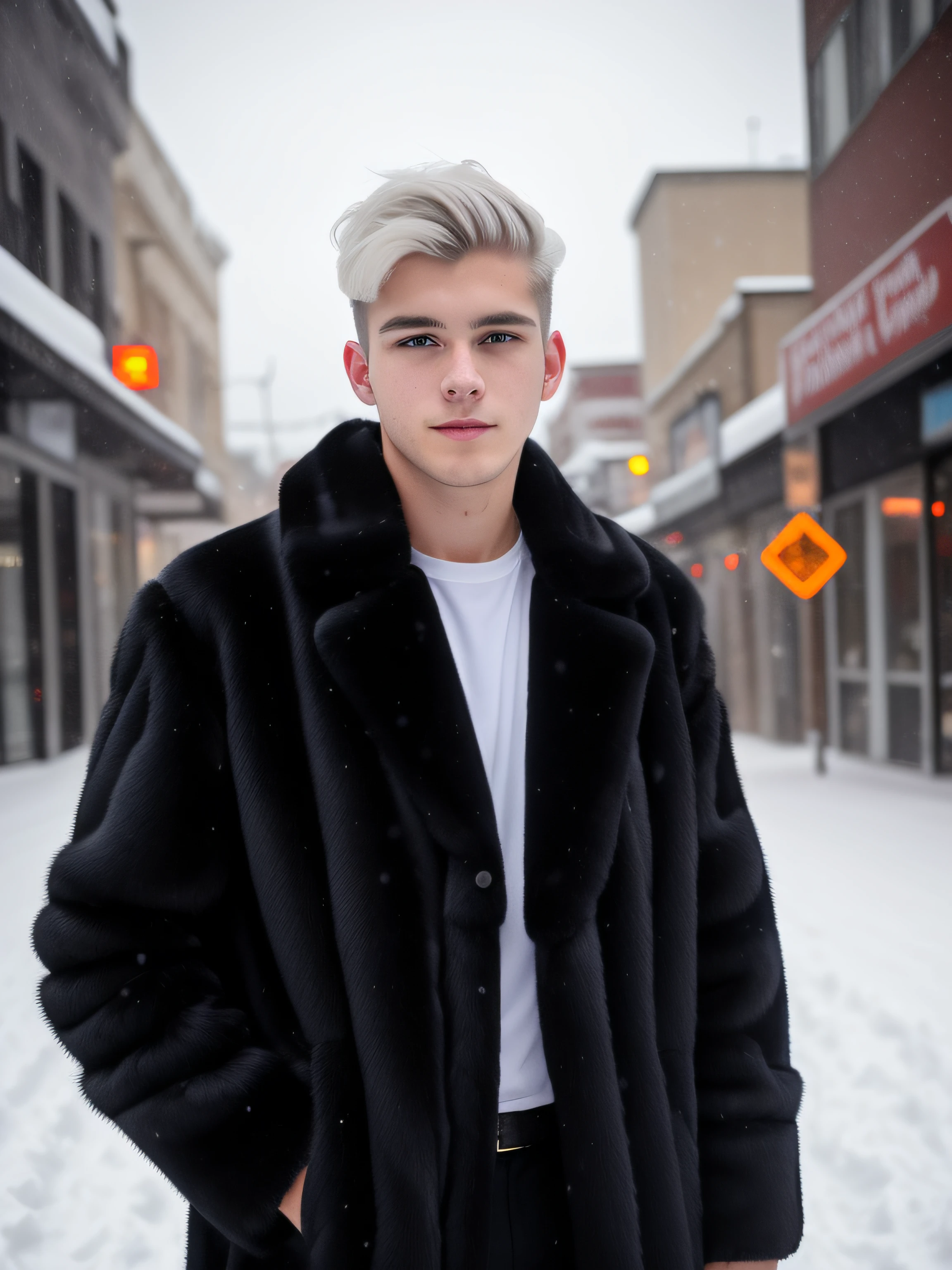 Young man, 20s, white hair, two-block haircut, , wearing a black fur coat, reality photo, reality skin, detailed skin, bright light eyes, Biomechanical, mysterious, Scary, nightmarish, Colors very bright, New Yourk city snowing, heavy snowfall
