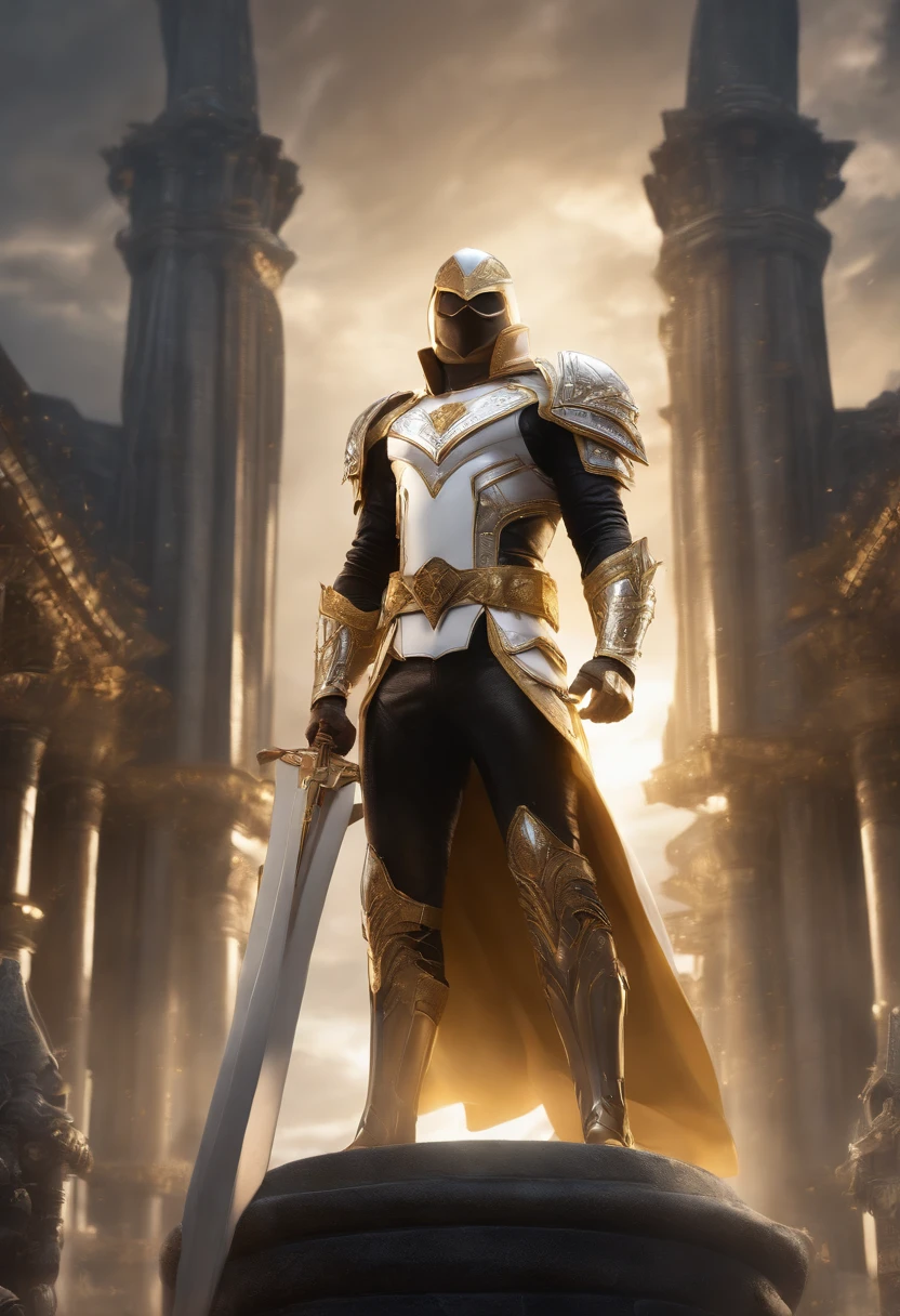 A superhero, man, dressed mainly in white, secondary colors of silver, golden and black, in fantasy city, highly detailed, digital art, looking at viewer, artstation style, intrincate details, heavy armor, magic sword