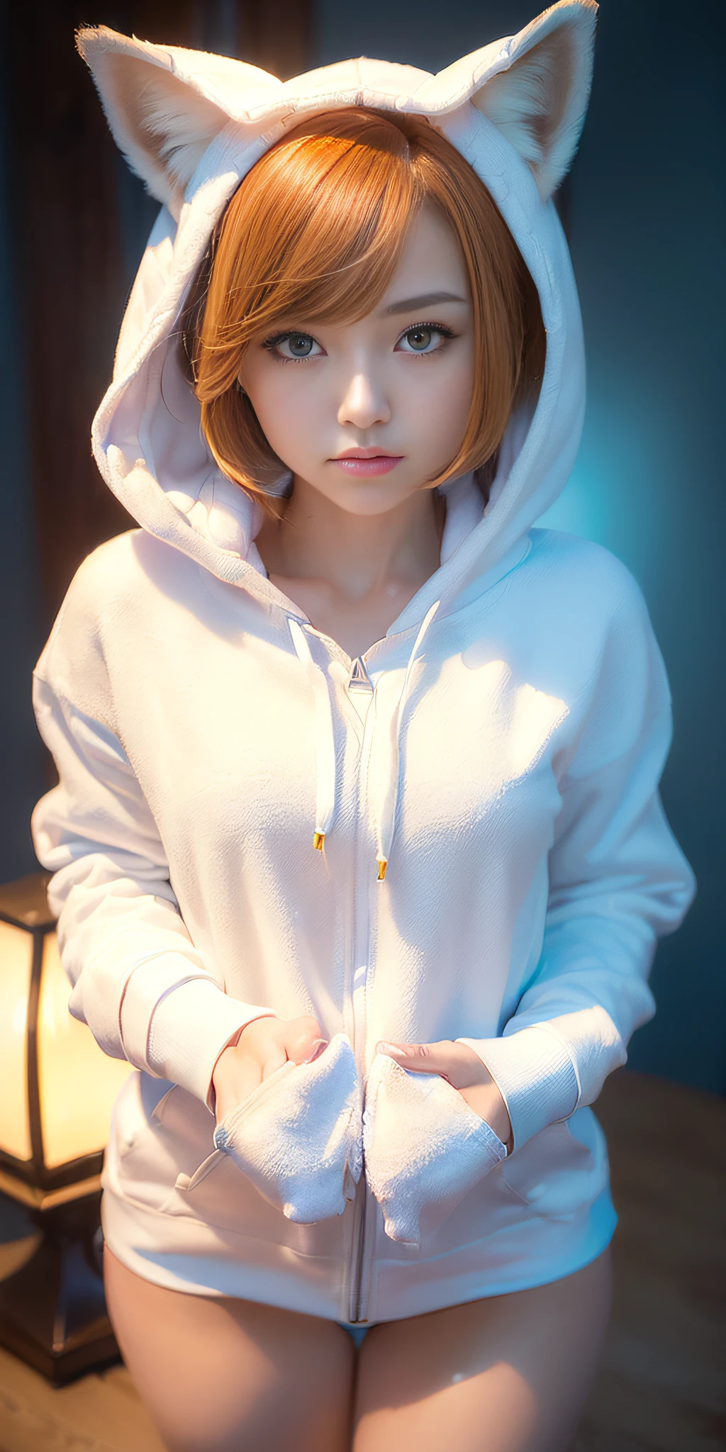 ((volumetric lighting, Best shadows, Portrait of an incredibly beautiful girl, small, Delicate beautiful symmetrical face with attractive yellow eyes, slim build, medium chest, Short orange hair, thin waist, Standing, Short tight blue lycras, ( Top Quality, Amazing Details:1.25), (Only:1.3), Bright Color Paintings, Back Solar Lighting, Character with Fox Tail, A Beautiful Fox Lady, A Beautiful Kitsune Woman, Portrait, Cow Footprint, Hoodie white hoodie, cow print hoodie))