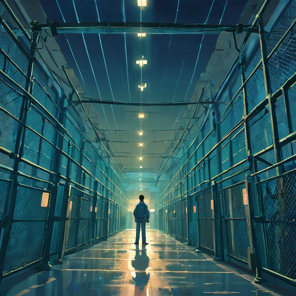 masterpiece, best quality, movie still, Cinematic scenery of a huge high-security prison, looming in the distance with towering concrete walls and barbed wire fences. The scene is set during a stormy night, with dark clouds and lightning flashes overhead, creating a sense of danger and tension. The prison is heavily guarded, with floodlights illuminating the surroundings and surveillance cameras scanning the area. The atmosphere is gritty and ominous, evoking a feeling of confinement and isolation. The style is inspired by dark and gritty films like "The Shawshank Redemption" and "Escape from Alcatraz." The details are intricate, with a focus on the architectural design of the prison, the gloomy lighting, and the contrasting textures of the surrounding environment. The shot is cinematic, utilizing various angles and perspectives to capture the scale and imposing nature of the prison. The image is high-definition, with rich colors and fine details, enhancing the realism and intensity of the scene. This cinematic scenery of a high-security prison is trending in the realm of visual storytelling and film aesthetics.