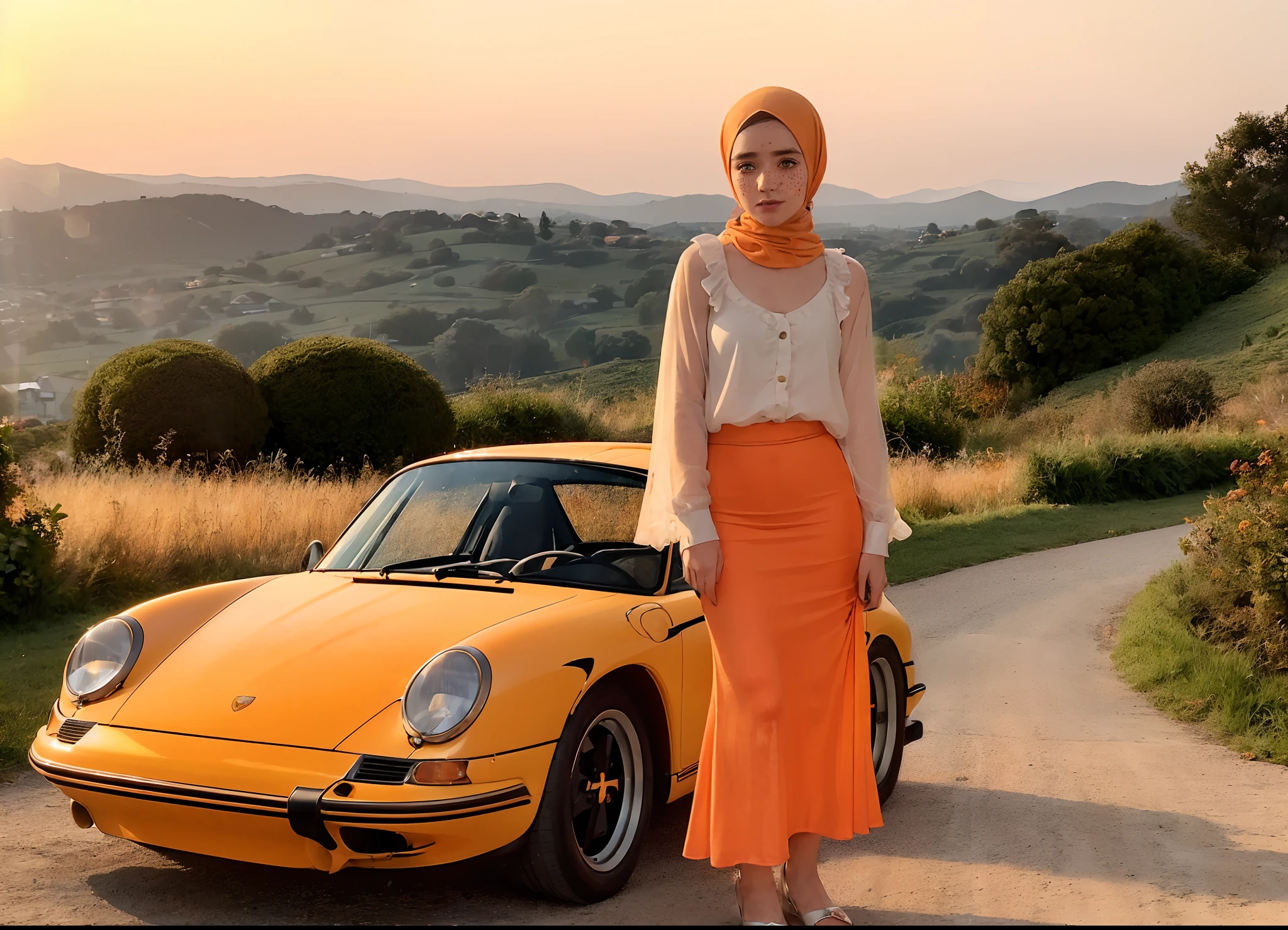 (((realism))), (a girl stand leaning against front a light-orange vintage porsche car:1.7), girl focus, ((hijab, see through white frilly shirt:1.3), full body, (pink maxi satin skirt:1.2), (sweat)), (panty stretched:1.2), 25 years old, (beautiful puffy clouds,  sunset sky), (sunset, lush autumn hillside background:1.5), ((small chest, slim, thin body)), (photography, realistic, bokeh, blur), (cenimatic lights, soft lights, detailed lighting:1.3)