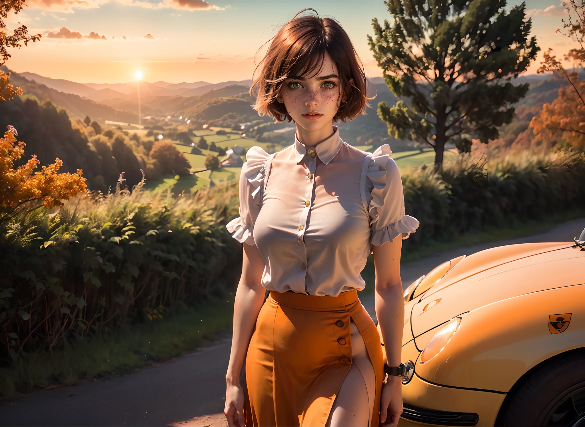 (((realistic))), (a girl stand leaning against front a pale-orange vintage porsche car:1.6), girl focus, ((see through white frilly shirt:1.3), full body, (pink maxi satin skirt:1.3), (sweaty)), (flashing areolas, puffy areolas:1.3), 25 years old, (beautiful puffy clouds,  sunset sky), (sunset, lush autumn hillside background:1.5), ((small chest, slim, thin body)), (photography, realistic, bokeh, blur), ((wavy bob cut)), (cenimatic lights, soft lights, detailed lighting:1.3)