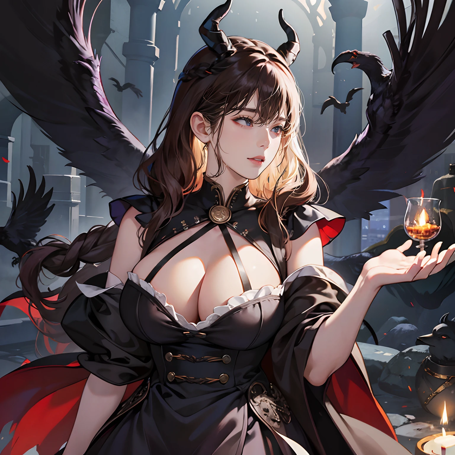Women in Their 20s, Fantasia、offcial art, unity 8k wall paper, ultra-detailliert, beautifly、Aesthetic, masterpiece, top-quality, Photorealsitic、Hell、Restrained female demons、Black underwear、Braids、the presence of horns on the head、with black eagle wings on its back,,、Staring at this:2.0、Curse ritual、Dark Magic、Stone pedestal、Blood、crows、abajour、depth of fields, Fantastic atmosphere, Calm palette, tranquil mood, Soft shading、bbw、very large breast、plump figure、