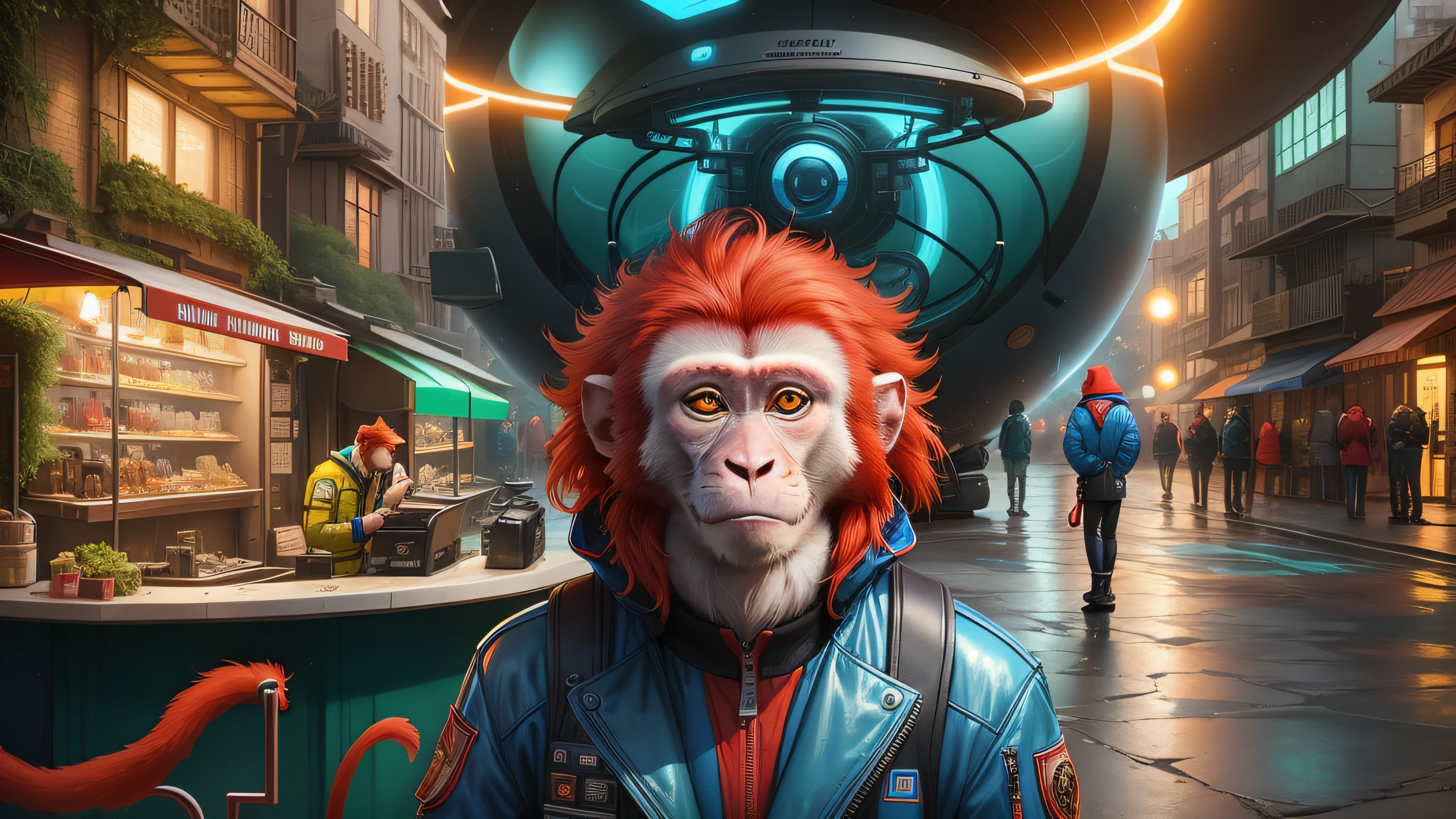arafed monkey with red hair and a blue jacket standing in a street, macaque inside alien base, greg beeple, in style of beeple, beeple and jean giraud, beeple |, beeple artwork, beeple masterpiece, beeple and tim hildebrandt, beeple. hyperrealism