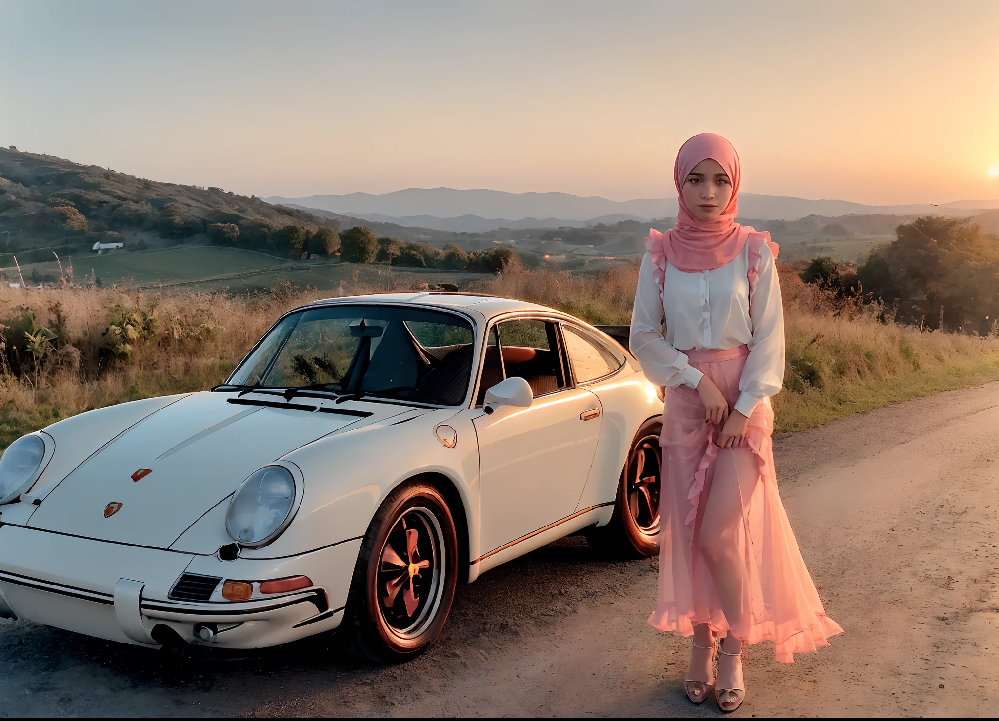 (((realism))), (a girl stand leaning against front a pale red vintage porsche car:1.7), girl focus, ((hijab, see through white frilly shirt:1.3), full body, (pink maxi satin skirt:1.2), (sweat)), (panty stretched:1.2), 25 years old, (beautiful puffy clouds,  sunset sky), (sunset, lush autumn hillside background:1.5), ((small chest, slim, thin body)), (photography, realistic, bokeh, blur), (cenimatic lights, soft lights, detailed lighting:1.3)