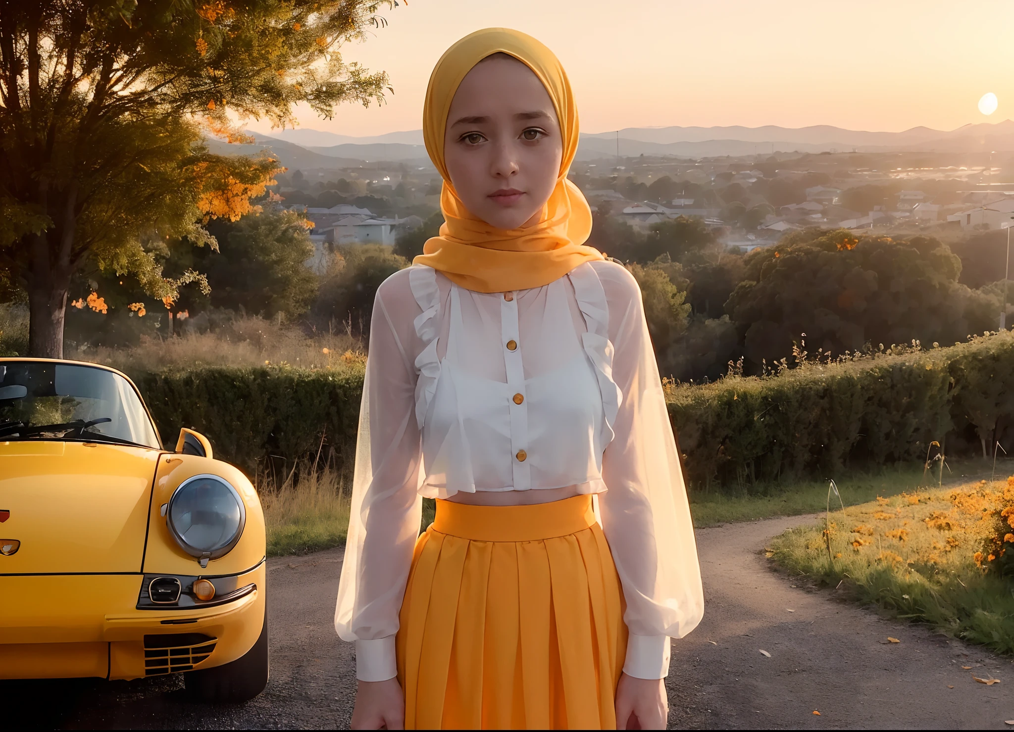 (((realism))), (a girl stand leaning against front a yellow-orange vintage porsche car:1.7), girl focus, solo girl, ((hijab, see through white frilly shirt:1.3), full body, (pink maxi satin skirt:1.2), (sweat)), (flashing panty:1.3), 25 years old, (beautiful puffy clouds,  sunset sky), (sunset, lush autumn hillside background:1.5), ((small chest, slim, thin body)), (photography, realistic, bokeh, blur), (cenimatic lights, soft lights, detailed lighting:1.3)