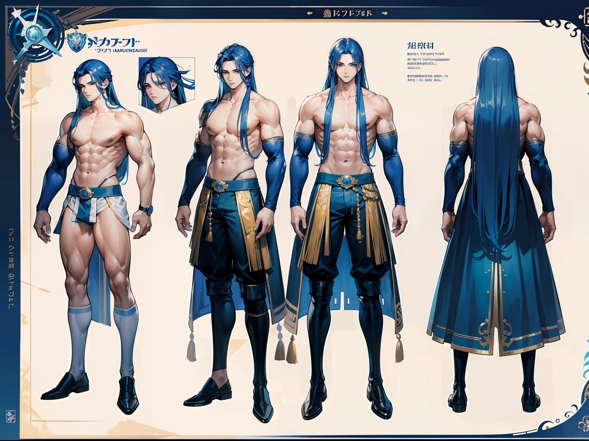 ((Masterpiece, Highest quality)), Detailed face, character design sheet, full bodyesbian, Full of details, frontal body view, back body view, Highly detailed, Depth, Many parts, Muscle boy with long blue hair with long bangs,handsome man, muscle body, navy, commander, man tall, pectoral muscles, abs