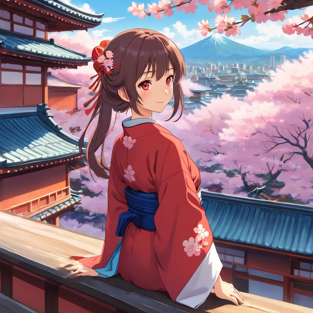 (Masterpiece, high quality), Anime and cinematic scenery of a young girl, her long flowing hair shimmering with shades of purple, with mesmerizing red eyes that capture attention. She is gracefully dressed in a vibrant red kimono, adorned with intricate patterns. The scene is set atop the roof of her traditional Japanese dojo, as she gazes up at the sky with a bright and genuine smile. The atmosphere is serene and peaceful, with cherry blossom trees in full bloom, scattering their petals gently in the breeze. The style is inspired by the works of renowned anime artists such as CLAMP and Makoto Shinkai. The details are intricately designed, from the girl's elegant posture to the delicate folds of her kimono. The color palette is rich and lively, enhancing the vibrancy of the scene. The shot is cinematic, capturing the girl in a dynamic pose, tilting the camera slightly to create visual interest. The image is high-definition, with exquisite attention to detail, bringing the character and surroundings to life. This anime and cinematic scenery of a girl on the roof of her dojo has gained popularity for its enchanting and heartwarming depiction.