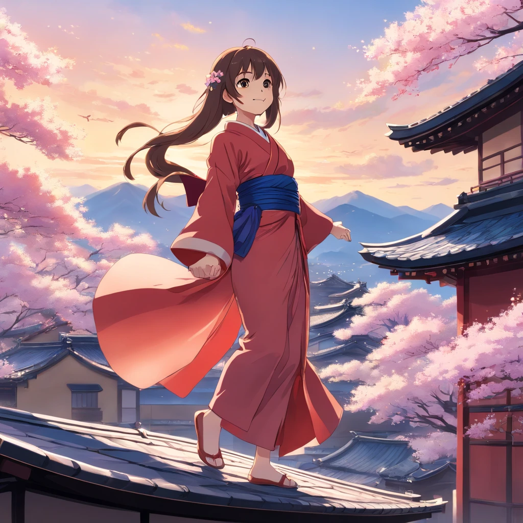 (Masterpiece, high quality), Anime and cinematic scenery of a young girl, her long flowing hair shimmering with shades of purple, with mesmerizing red eyes that capture attention. She is gracefully dressed in a vibrant red kimono, adorned with intricate patterns. The scene is set atop the roof of her traditional Japanese dojo, as she gazes up at the sky with a bright and genuine smile. The atmosphere is serene and peaceful, with cherry blossom trees in full bloom, scattering their petals gently in the breeze. The style is inspired by the works of renowned anime artists such as CLAMP and Makoto Shinkai. The details are intricately designed, from the girl's elegant posture to the delicate folds of her kimono. The color palette is rich and lively, enhancing the vibrancy of the scene. The shot is cinematic, capturing the girl in a dynamic pose, tilting the camera slightly to create visual interest. The image is high-definition, with exquisite attention to detail, bringing the character and surroundings to life. This anime and cinematic scenery of a girl on the roof of her dojo has gained popularity for its enchanting and heartwarming depiction.