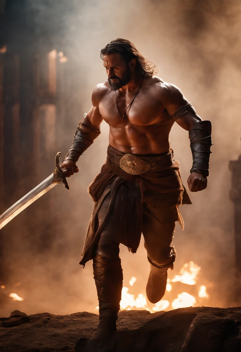 masterpiece, detailed, intricate, epic fantasy, colorful, full body, slight angle, man, 40 years old, hulking, brawny, fitted, ankle wraps, very hairy torso, big strong hands, fine detailed, running, intense action, dynamic juxtaposition, skimpy revealing slavery outfit, receding hairline, smirk, gladiator, with a sword, blades, big ancient city on fire in the background, heavy rain, smoggy, pointing away, depth of field, particle effects, high quality shadows, intense action