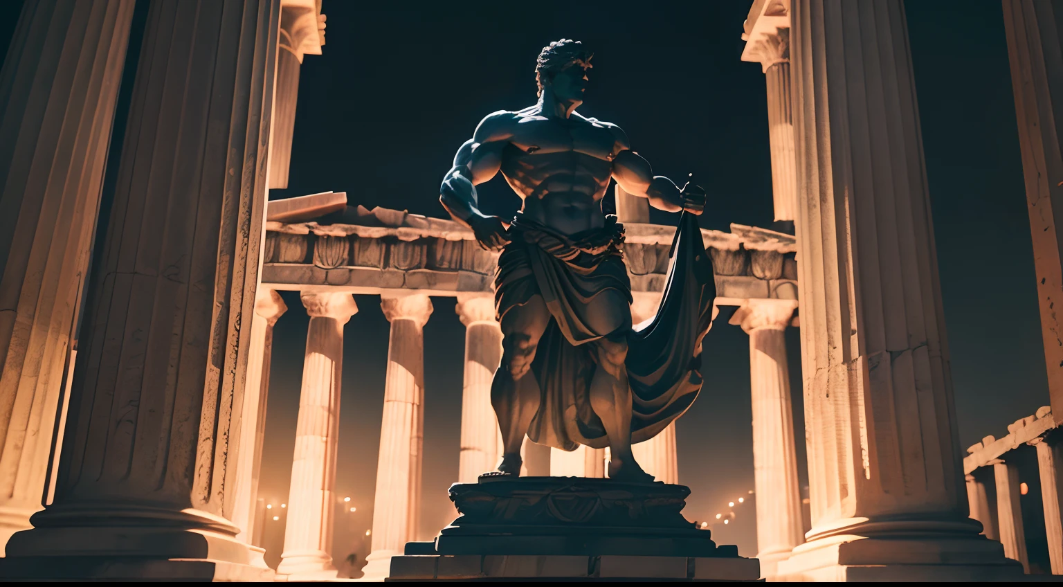 magical realism, Lifestyle/fantasy, strong stoic statue, with rage expression, contrasted, digital, in the dark night, Ancient Greek temple background, 35mm, sideways, Shot on Sony A7S III with Sony FE 35mm f/1.8, 12.1 MP, --ar 3:2 --raw style