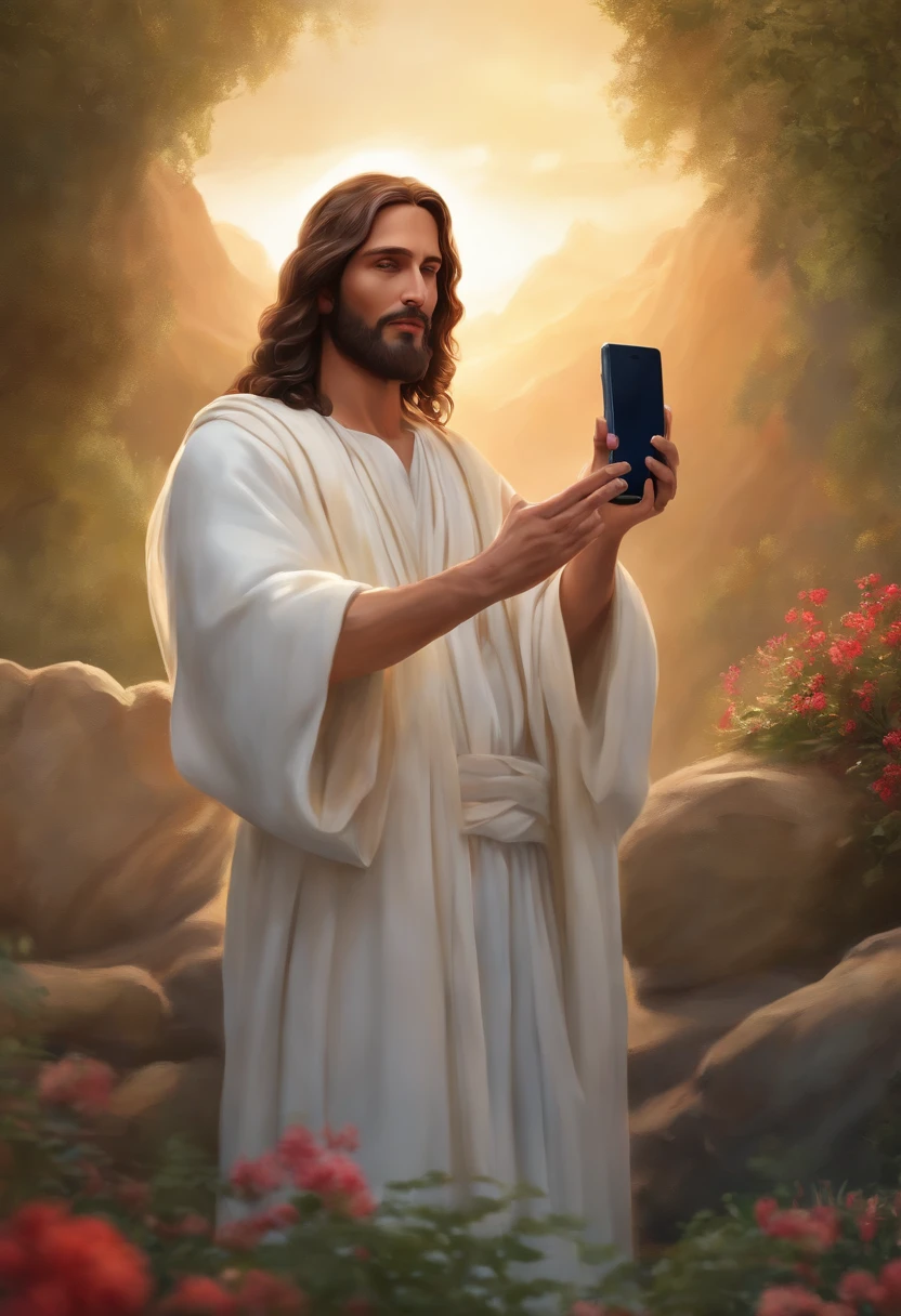 Jesus Christ holds a mobile phone in his hand to do a live broadcast, highly detailed digital painting, anime realism style, 4k pintura, Realistic anime 3D style