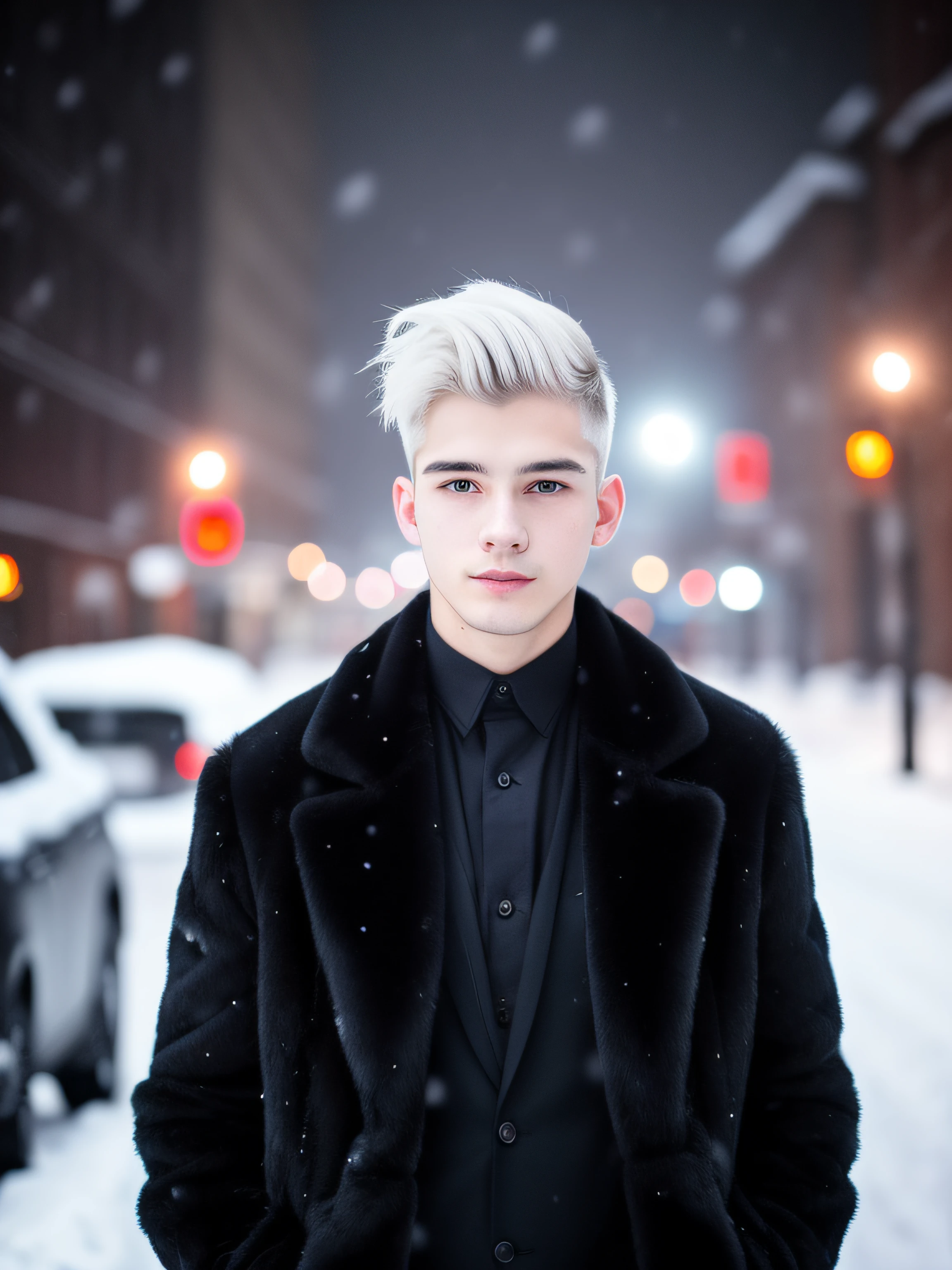 Young man, 20s, white hair, two-block haircut, , wearing a black fur coat, reality photo, reality skin, detailed skin, bright light eyes, Biomechanical, mysterious, Scary, nightmarish, Colors very bright, New Yourk city snowing, heavy snowfall