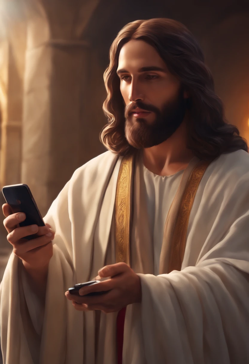 Jesus Christ holds a mobile phone in his hand to do a live broadcast, highly detailed digital painting, anime realism style, 4k pintura, Realistic anime 3D style