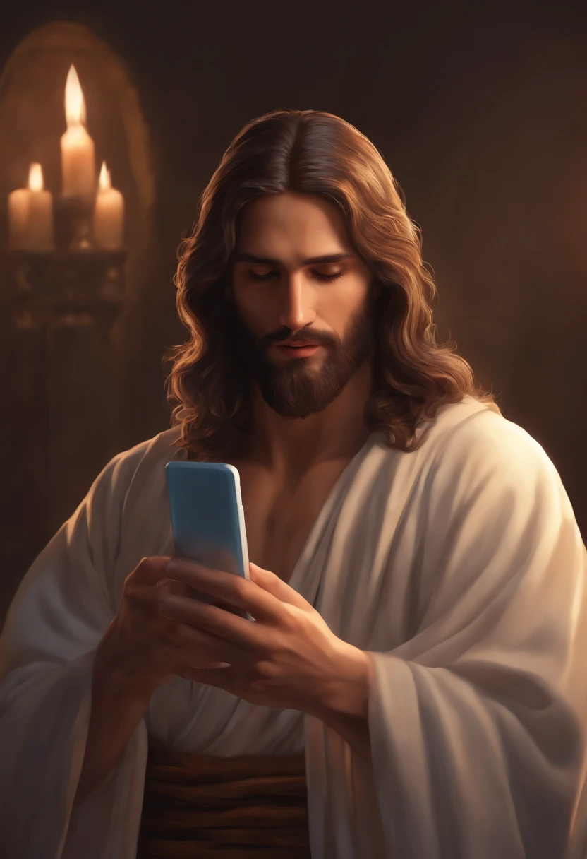 Jesus Christ holds a mobile phone in his hand to do a live broadcast, highly detailed digital painting, anime realism style, 4k pintura, Realistic anime 3D style