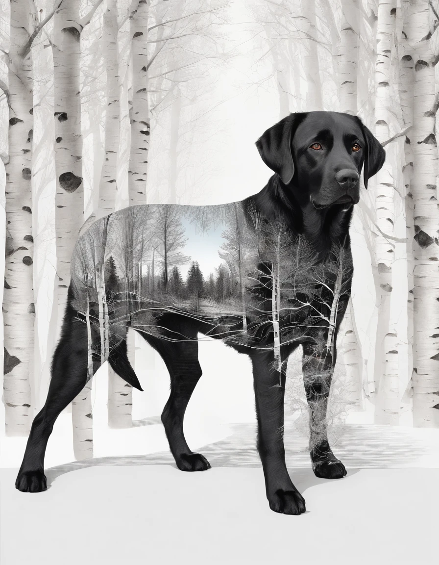 Ink drawing, vanishing point on white paper, seamless multiple exposure artwork that merges a volumetrically shaded silhouette of a black labrador with a birch tree, intricate details, mellow and melancholic composition that conveys longing, photo, illustration, poster, conceptual art
