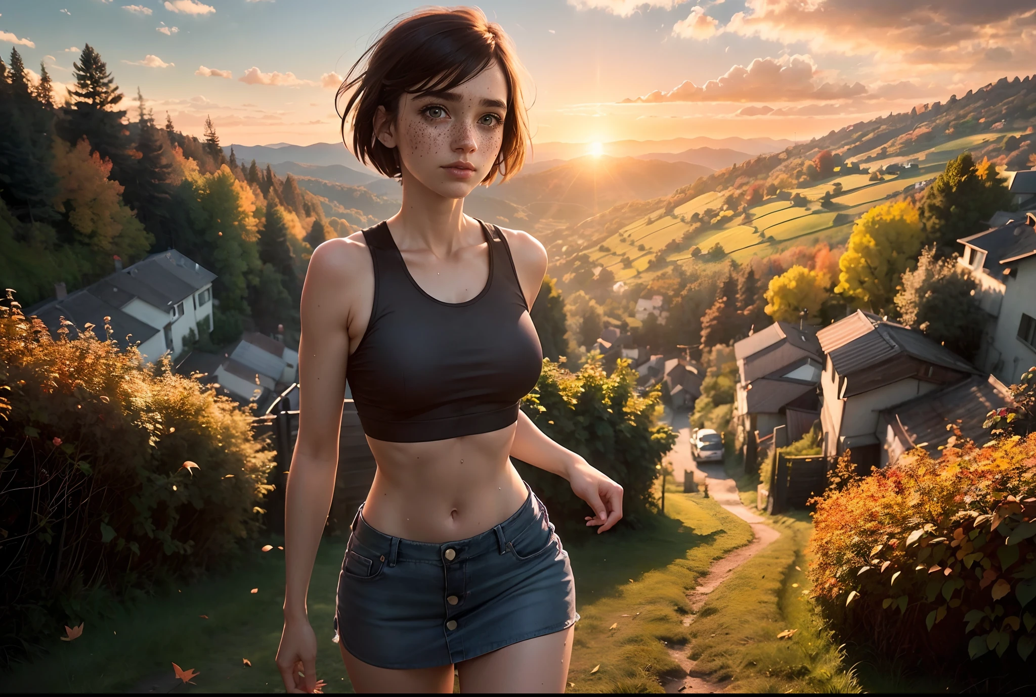 (((realism))), (a girl jogging), girl focus, ((see through tight crop tank top:1.3), full body, (miniskirt:1.3), (sweaty)), (flashing panty:1.3), 25 years old, (beautiful puffy clouds,  sunset sky), (sunset, lush autumn hillside background:1.5), ((small chest, slim, thin body)), (photography, realistic, bokeh, blur), ((wavy bob cut)), (cenimatic lights, soft lights, detailed lighting:1.3)