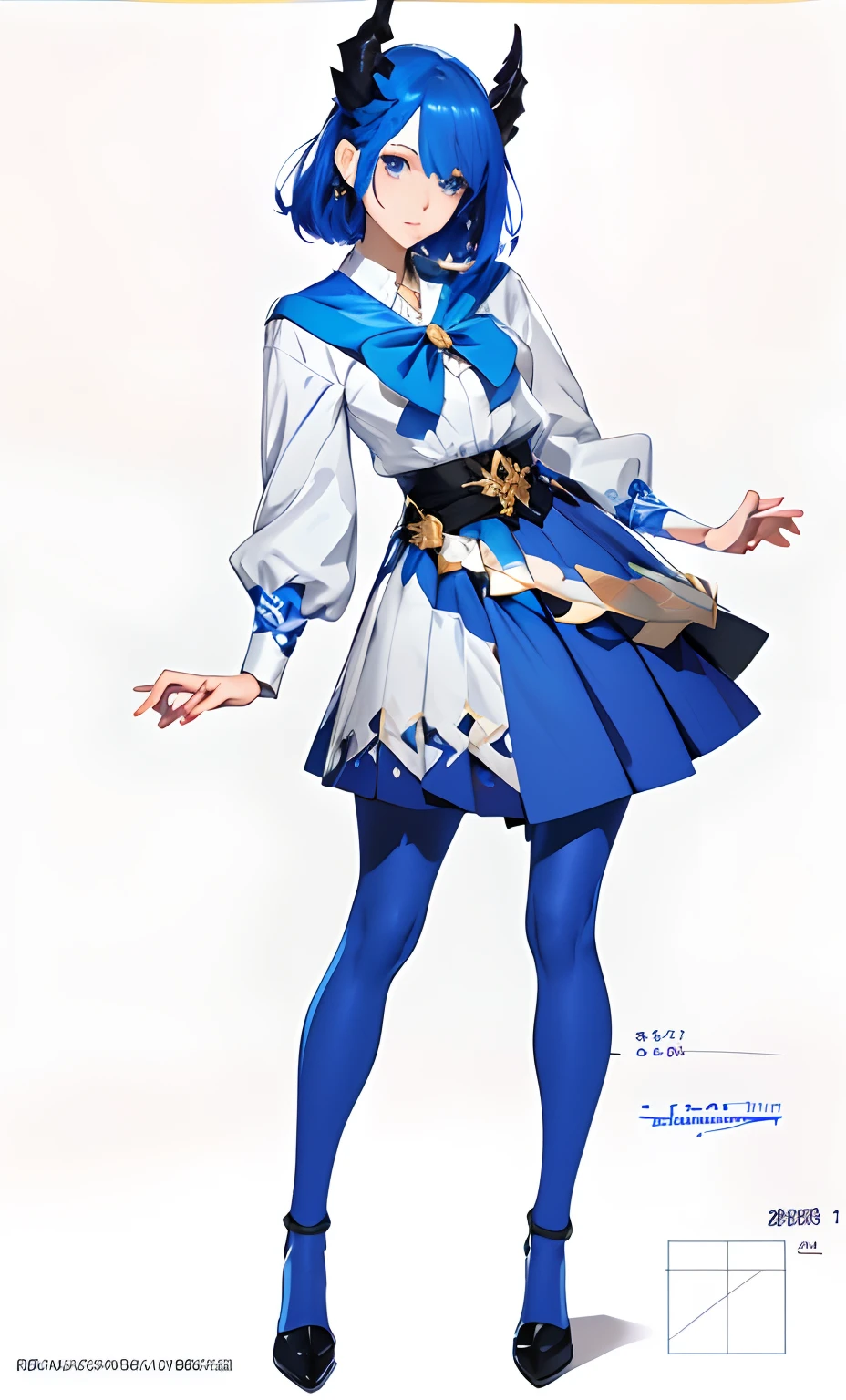 Anime character in a blue dress, blue skirt with a white shirt, full body illustration, full body illustration, anime woman fullbody art, short blue hair, Concept Art, anime style character, demon, villainess, terror, dark