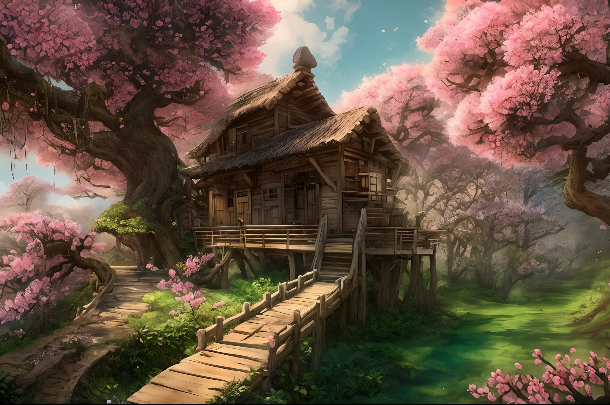 premiados, Conceito-Arte, Belas Artes, epic fantasy digital art, bird's eye vision，Cinematic lighting,Vista descendente，Tiro Super Wide，Viewing angle from afar，profundidade de campos，The beauty of an idyllic country fairy tale，cachoeira，Pitoresca, Pitoresco, Rustic, Seios grandes e exuberantes, ((Gramados;1.5)), ((Peach blossom tree:1.5)), Pequenos rios, ((Many treehouses)), ((The treehouse is connected to the treehouse by a wooden bridge)), ((Ivy is intricate)), epics, ((Cinematic lighting)), alta qualidade, alto contraste, realistic lighting,Texturas 4k, photolab, HDR, ((intrincado)), elegante, altamente detalhado, foco nítido, detalhes insanos, detalhes intrincados, Ultra - Detalhado, Luz dura do filme, atmosfera ao ar livre,tmasterpiece，melhor qualidade，（Muito detalhado CG unidade 8k papel de parede），（melhor qualidade），（best illustration），（Melhor sombra），Sprites brilhantes，Natural elements in the idyllic rural theme。Mysterious idyllic countryside，Beautiful idyllic landscape，natureza，cercado por flor，Delicate leaves and branches are surrounded by fireflies（elementos da natureza），（Idyllic village theme），（folhagem），（tree branch），（particle effect）esperar。..3d ，  Traching de raias，