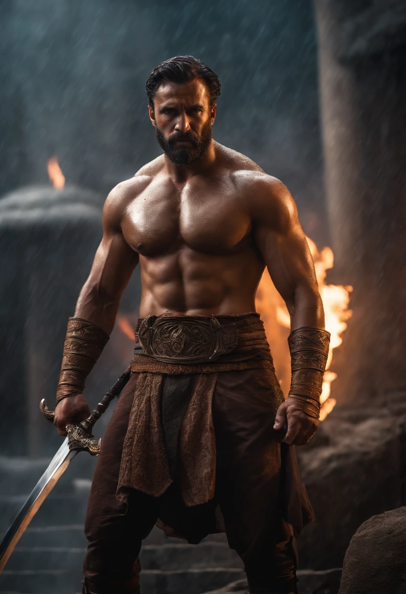 masterpiece, detailed, intricate, epic fantasy, colorful, full body, slight angle, man, 30 years old, hulking, brawny, fitted, ankle wraps, very hairy torso, big strong hands, fine detailed, running, intense action, dynamic juxtaposition, skimpy revealing slavery outfit, receding hairline, smirk, gladiator, with a sword, blades, big ancient city on fire in the background, heavy rain, smoggy, pointing away, depth of field, particle effects, high quality shadows, very intense action