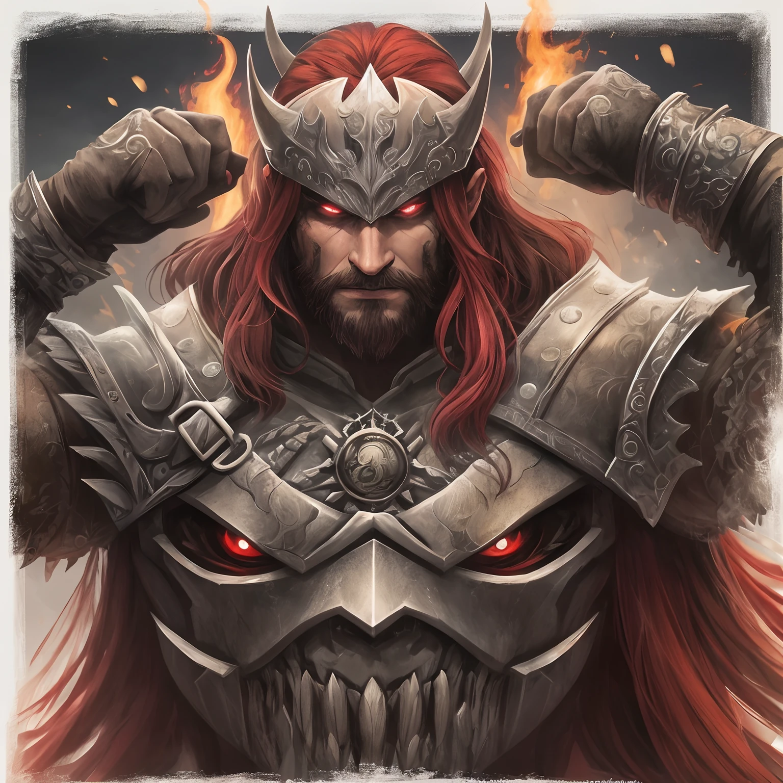 Armadura, potrait berserker, Barbarian man, arte de fantasia, of his gaze alone enemies beginning to panic, one head, devilish smile, besta do inferno, demonio, White Fire Sky, guerreiro, com foice e escudo, lindo, homens, Werelion, long red braided hair, olhos dourados brilhantes, realistas, altamente detalhados, Unreal Engine, 8k-upscale