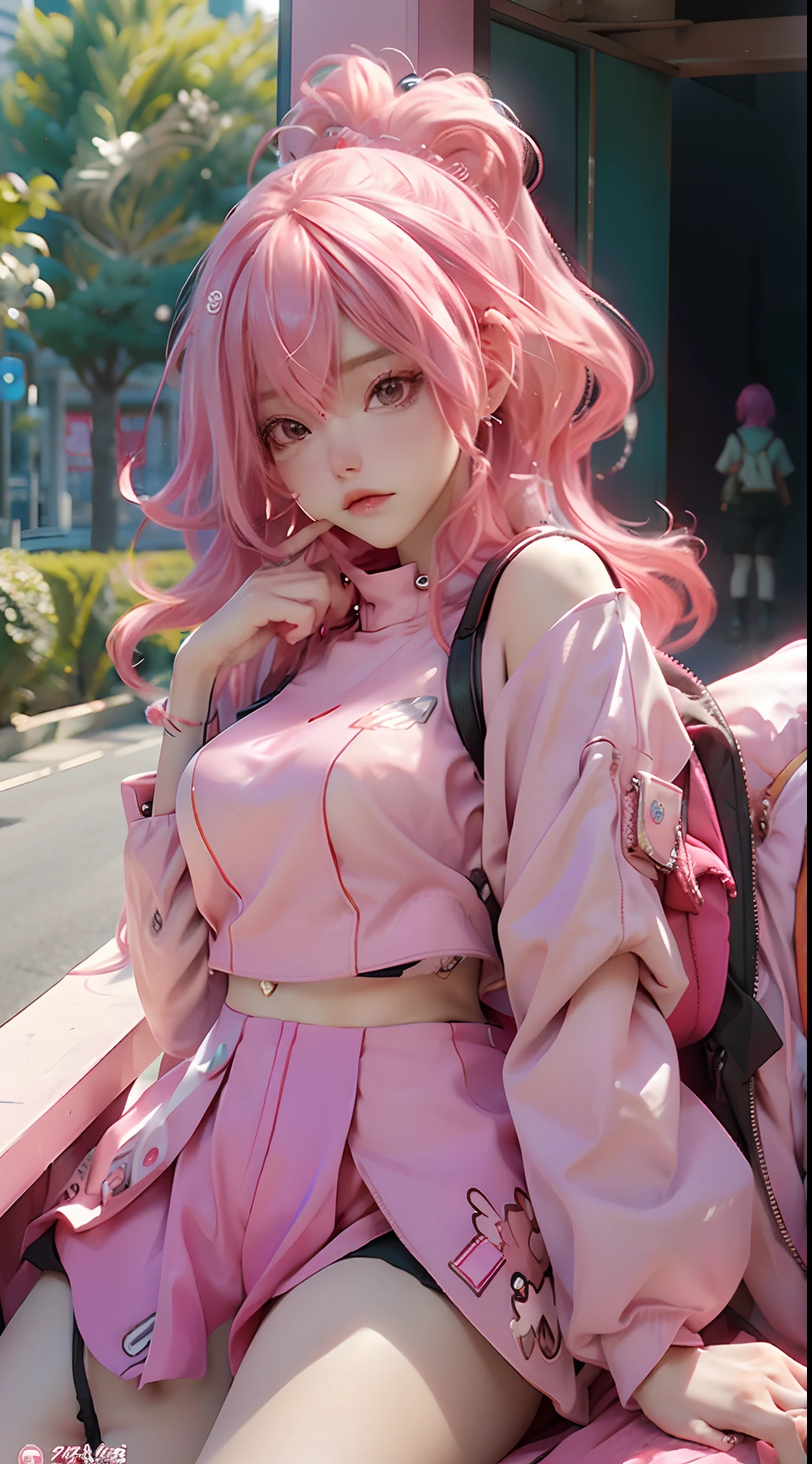 anime girl with pink hair sitting on a bench with a backpack, she is wearing streetwear, with pink hair, portrait of jossi of blackpink, ulzzang, ((pink)), jossi of blackpink, lalisa manoban of blackpink, wearing cyberpunk streetwear, japanese streetwear, with long hair, anime girl in real life, casual pose, pink girl