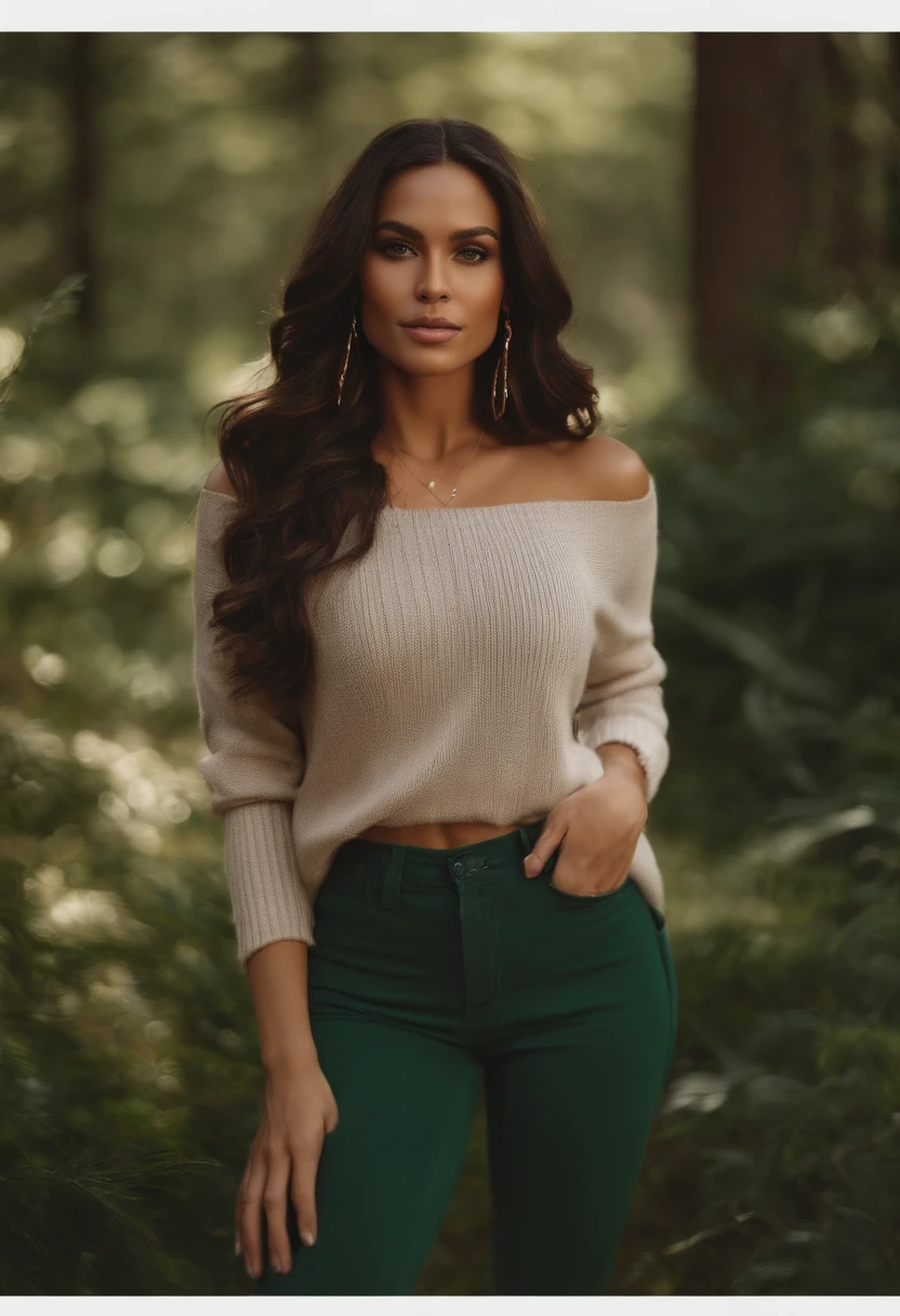 (Masterpiece:1.2, Best quality), 1lady, Solo, Upper body, Big tits, Dark wash skinny jeans, Oversized sweater, Ankle boots, Loose waves, center part, Simple hoop earrings, Green parks